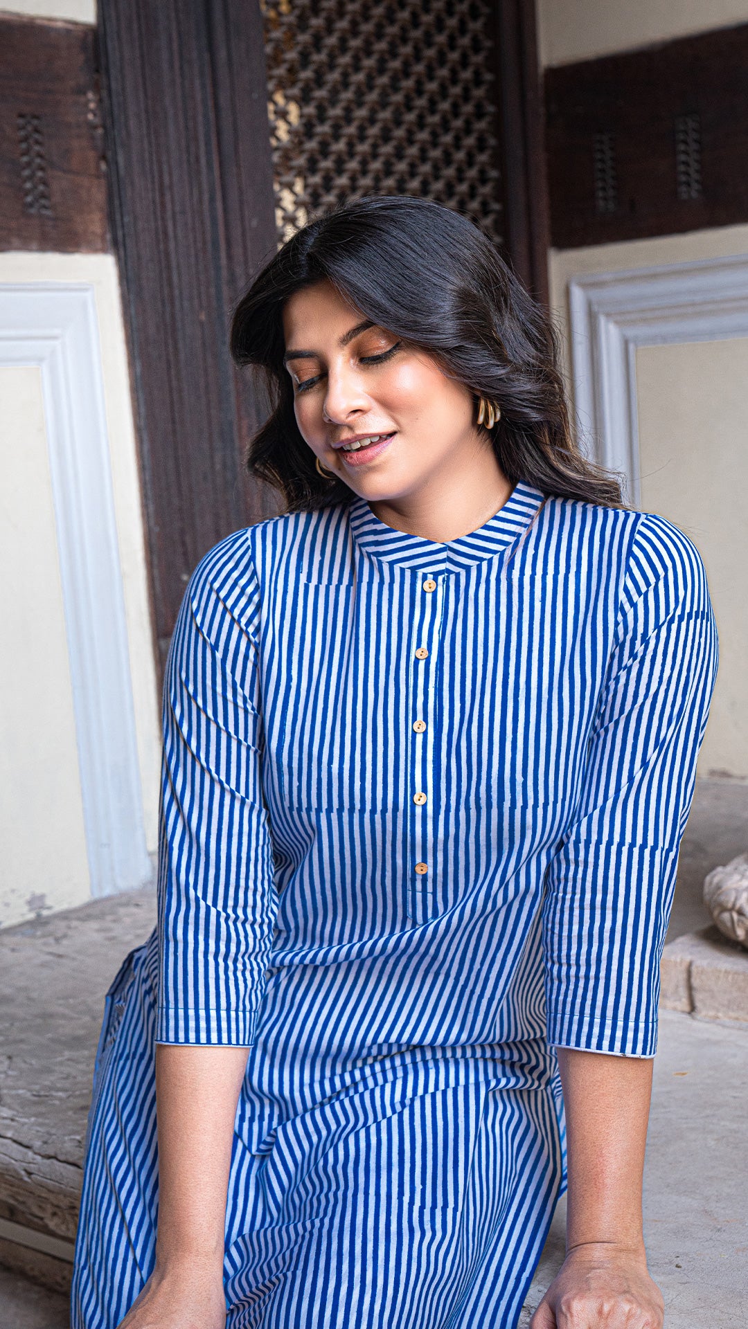 Blue Stripes Hand Block Cotton Kurta