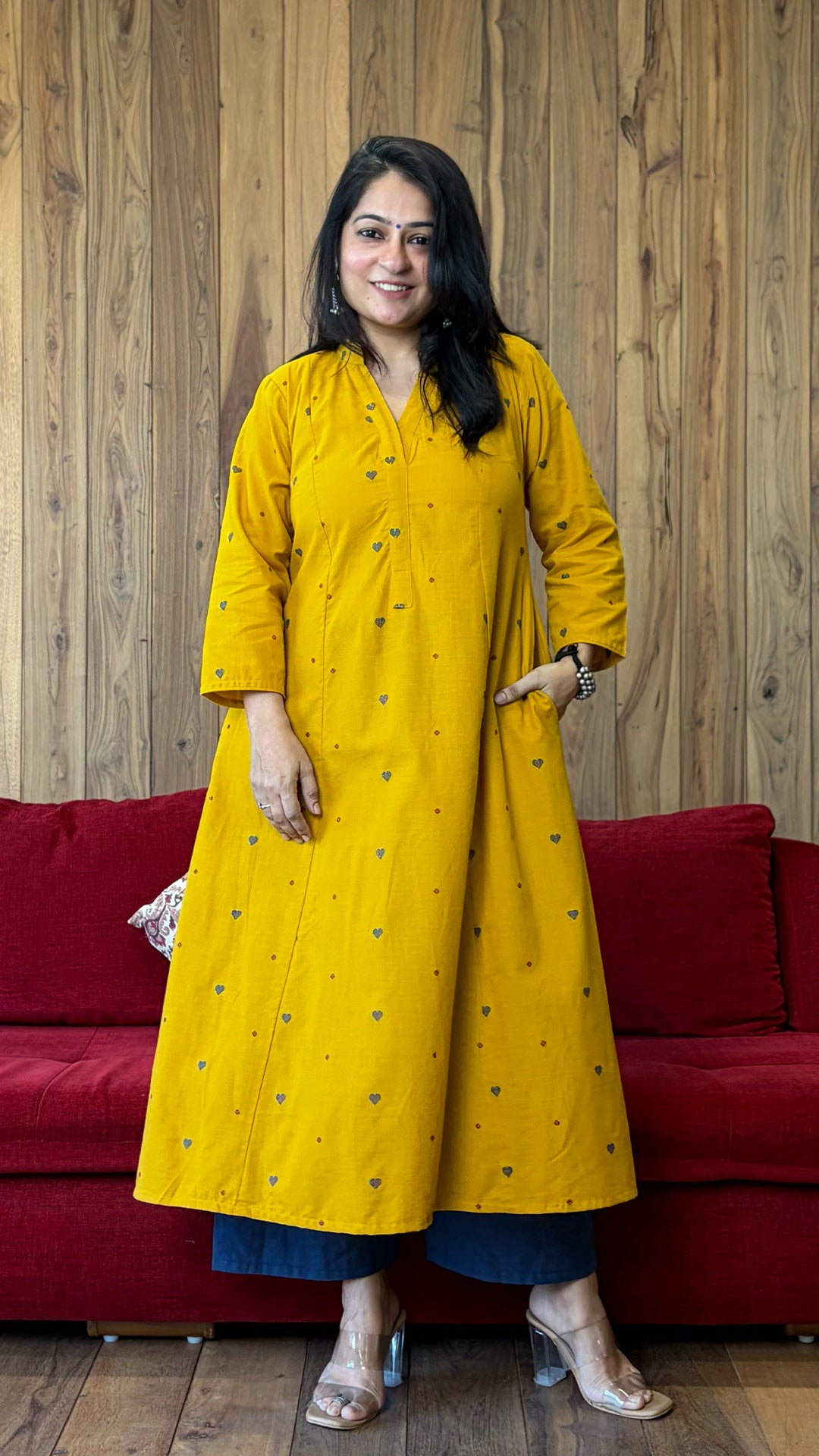 Sehr Hand Woven Kali Kurta In Cotton - Yellow