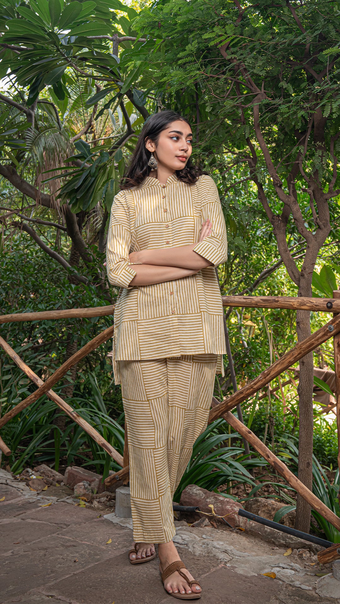 Kanika Bagru High/Low Co-ord Set In Cotton - Mustard Stripes