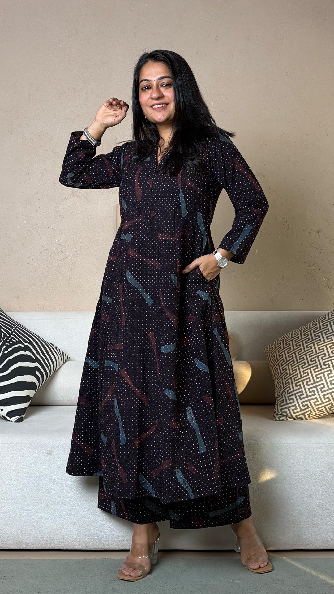 Aaryah Ajrakh Kali Kurta In Cotton - Black