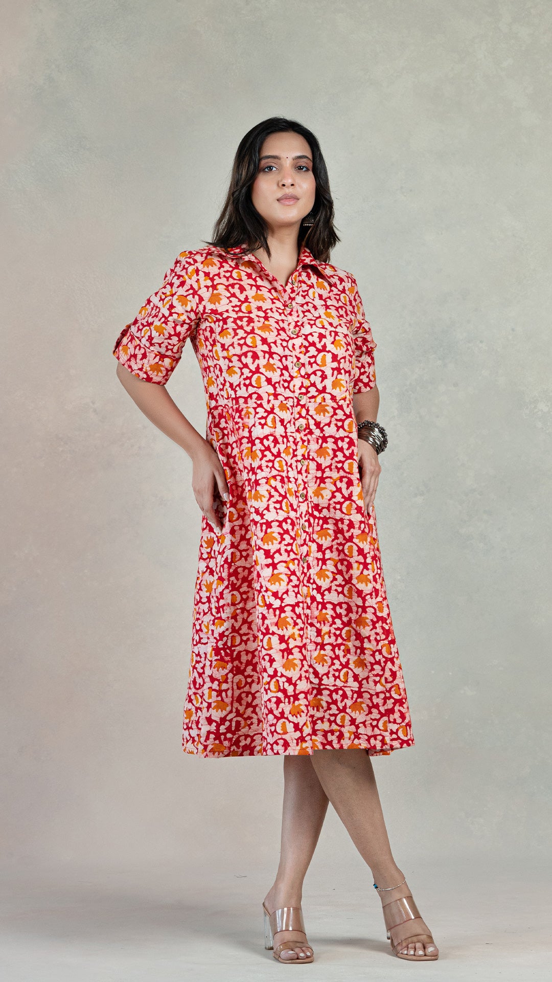 Nosha Batik Hand Block Cotton Shirt Dress : Red