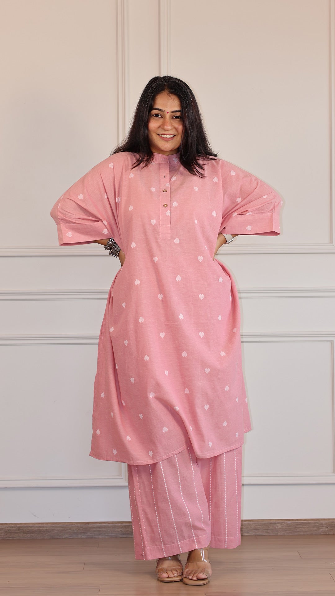 Hearts Handwoven Cotton Kaftan Co-ord - Pink