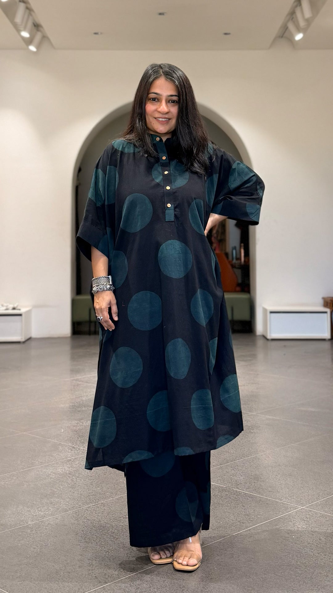 Indigo/Black Polka Dots Ajrakh Cotton Kaftan Co-ord