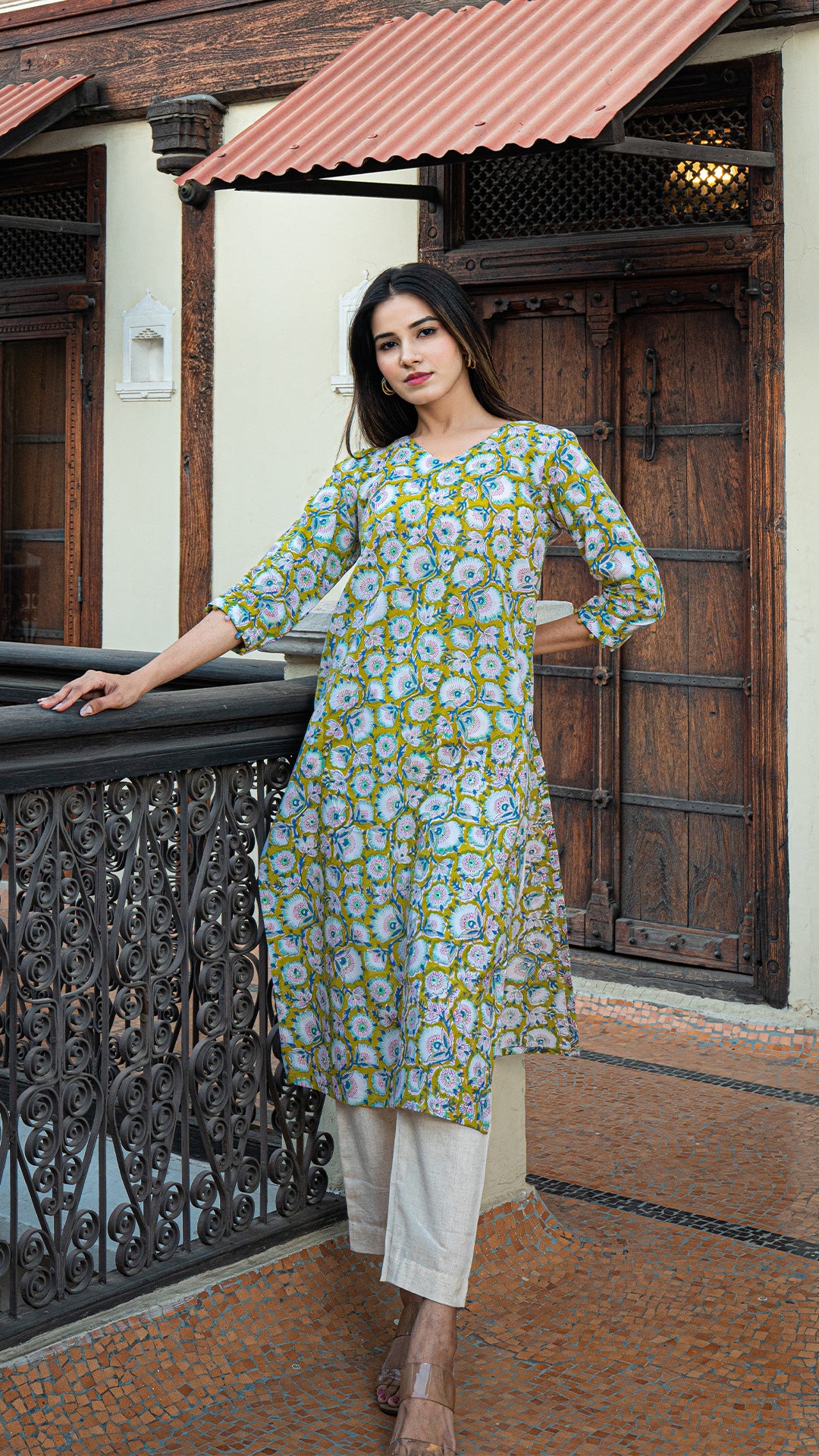 Aastha Sanganeri Hand Block Kurta - Lime