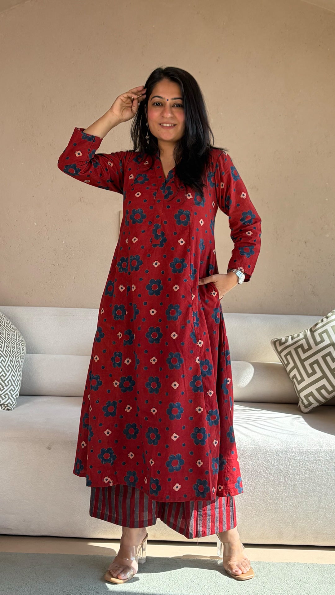 Aarna Ajrakh Kali Kurta In Cotton - Red Floral