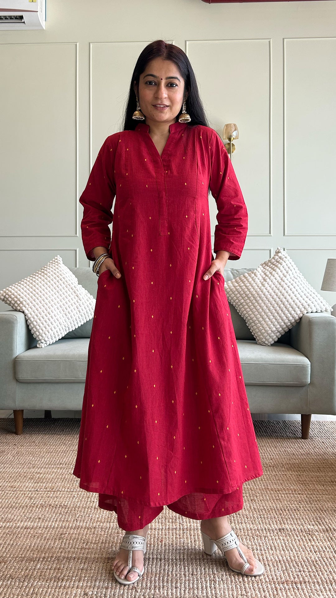Aditi - Hand Woven Kali Cotton Kurta Set in Red