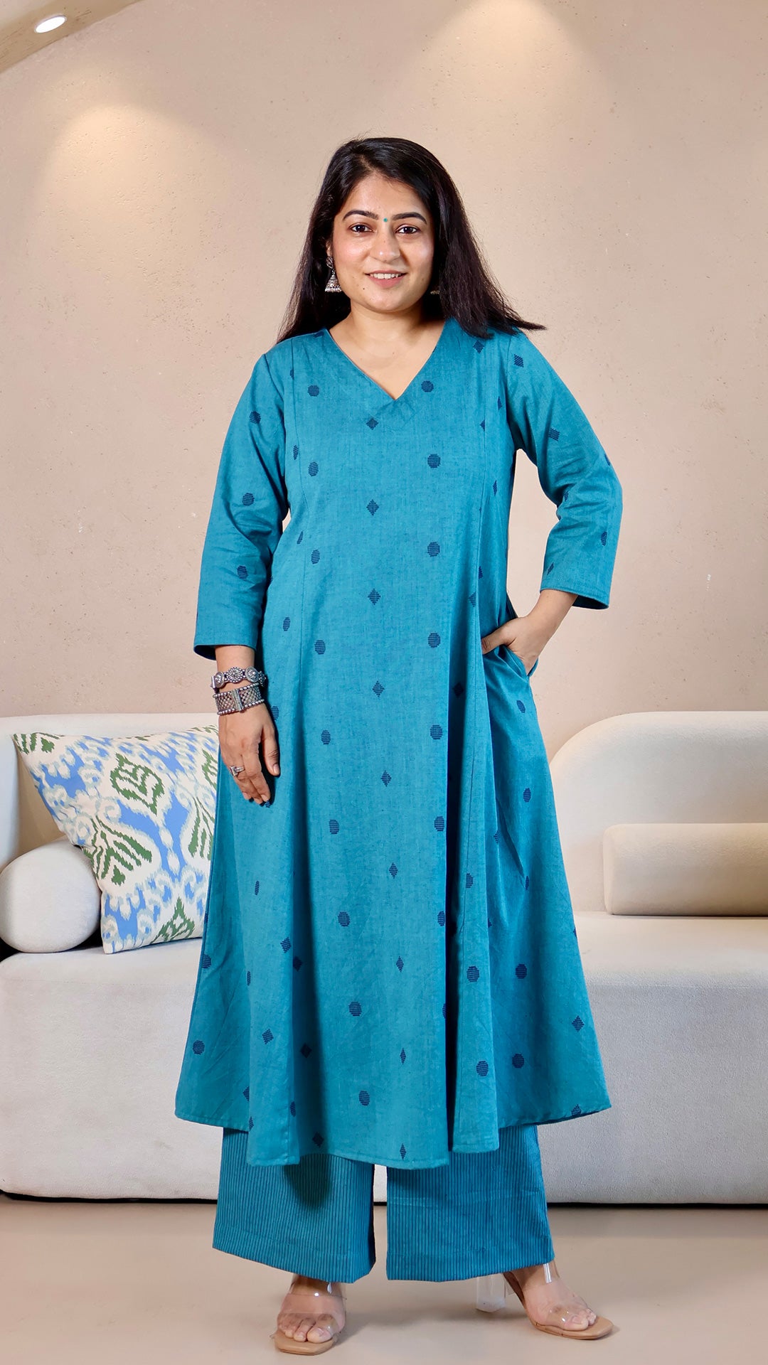 Sehra Handwoven Cotton Kurta - Turquoise