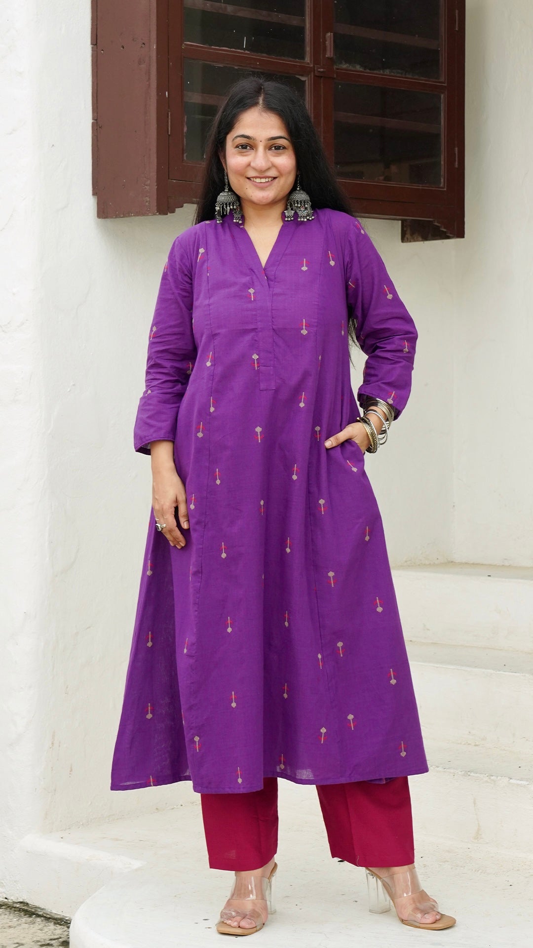 Veda Flower Motif Hand Woven Kali Cotton Kurta - Purple