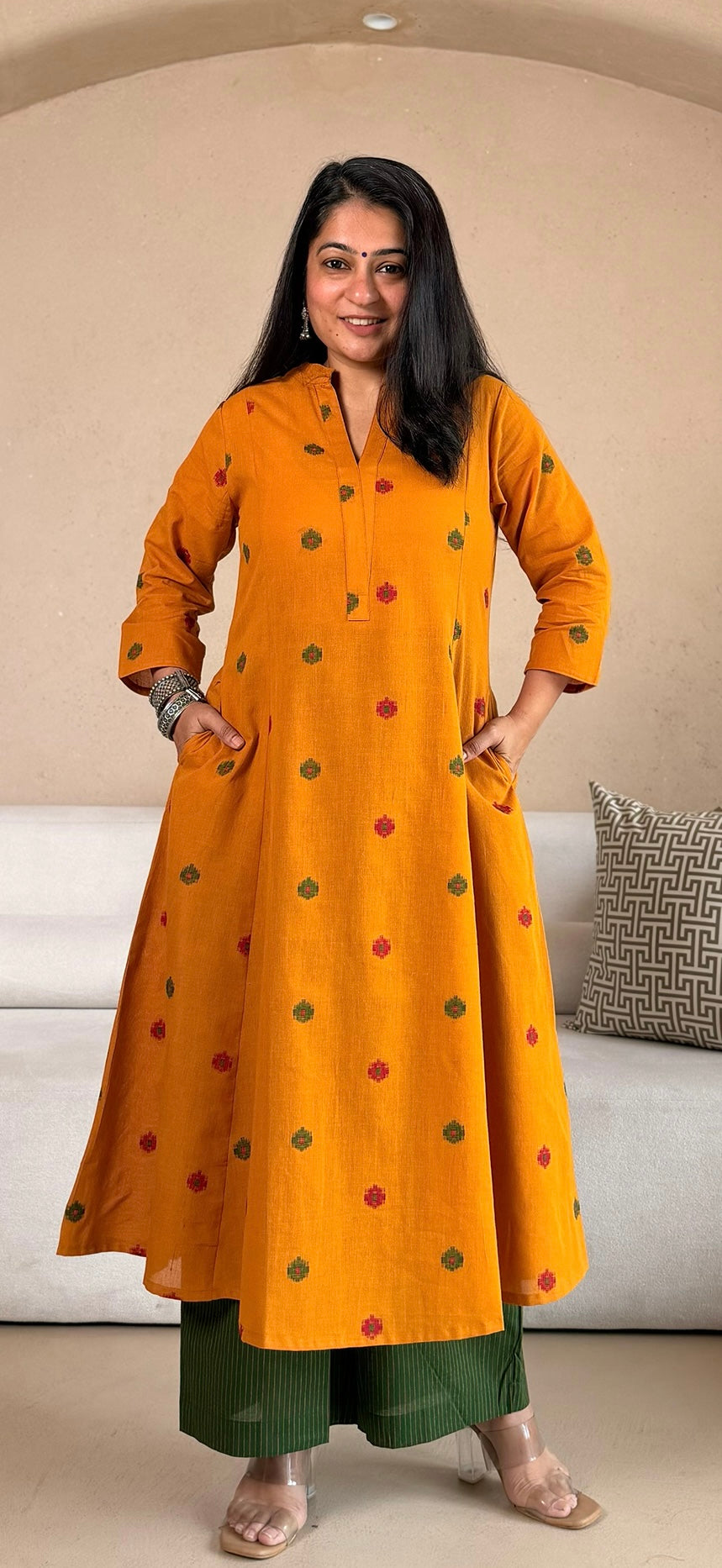 Hrida Handwoven Cotton Kurta- Yellow/Green