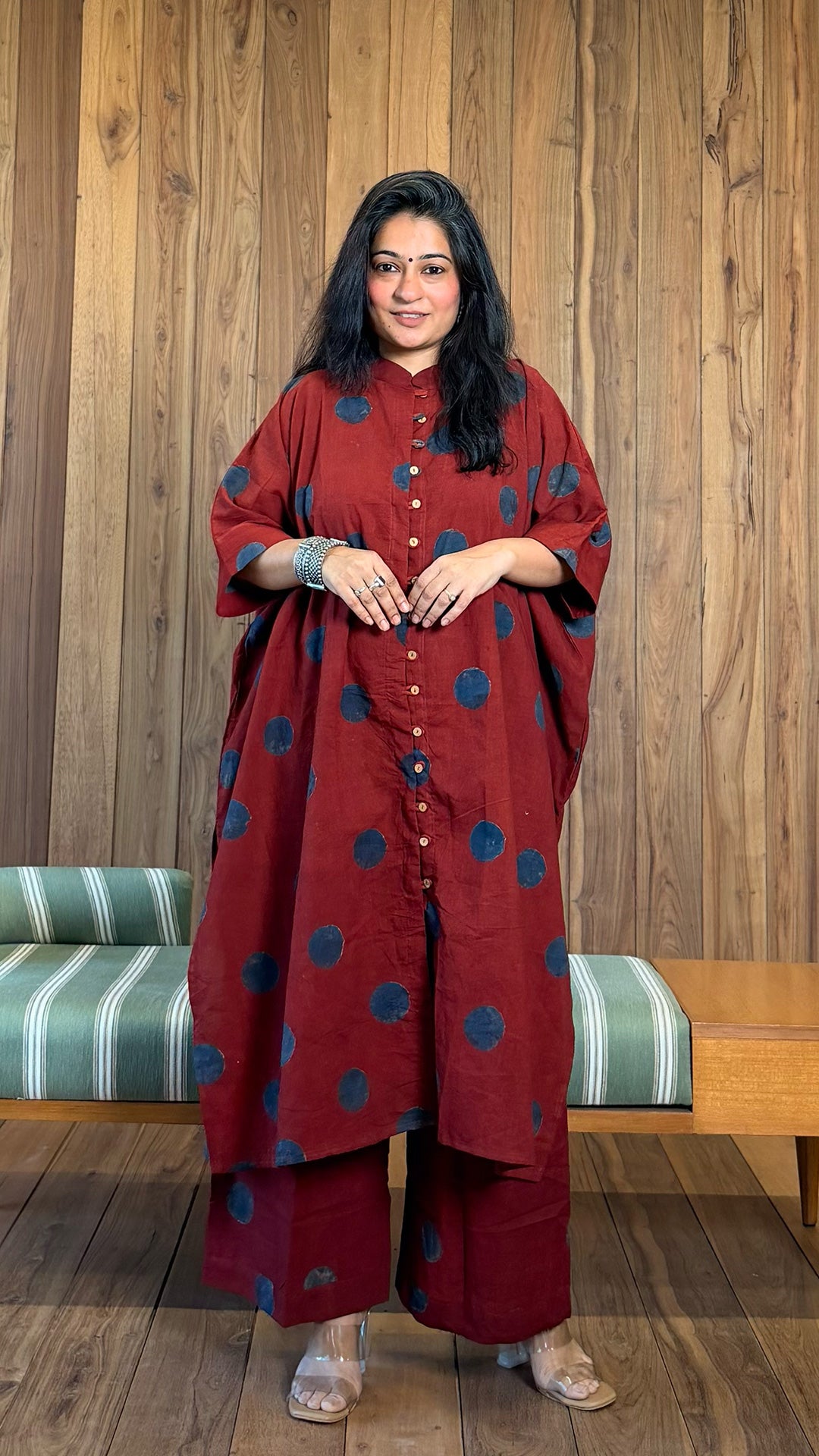 Daphane Ajrakh Cotton Kaftan Co-ord - Red/Blue Polka Dots