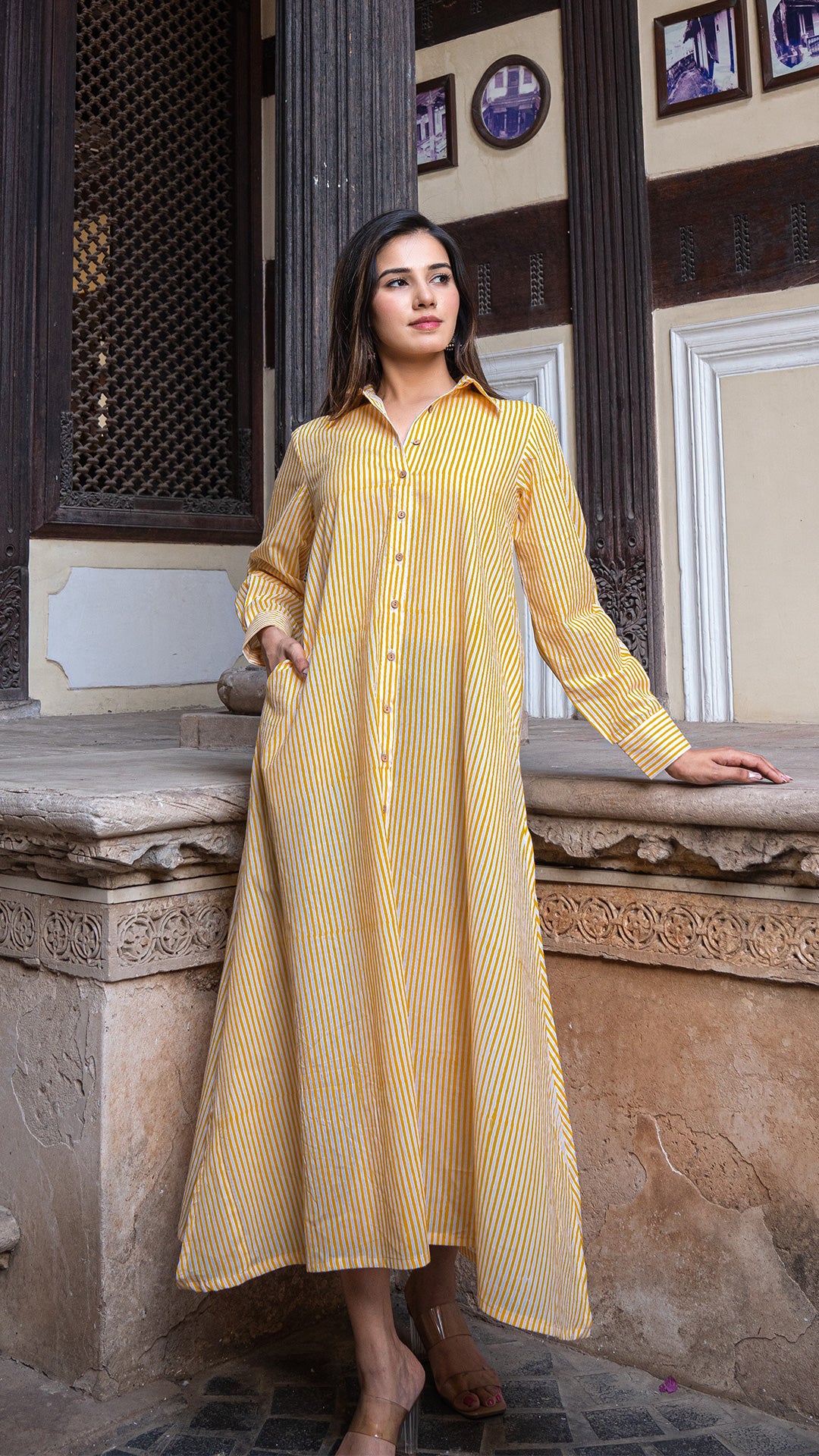 Yellow Stripes Cotton Shirt Dress