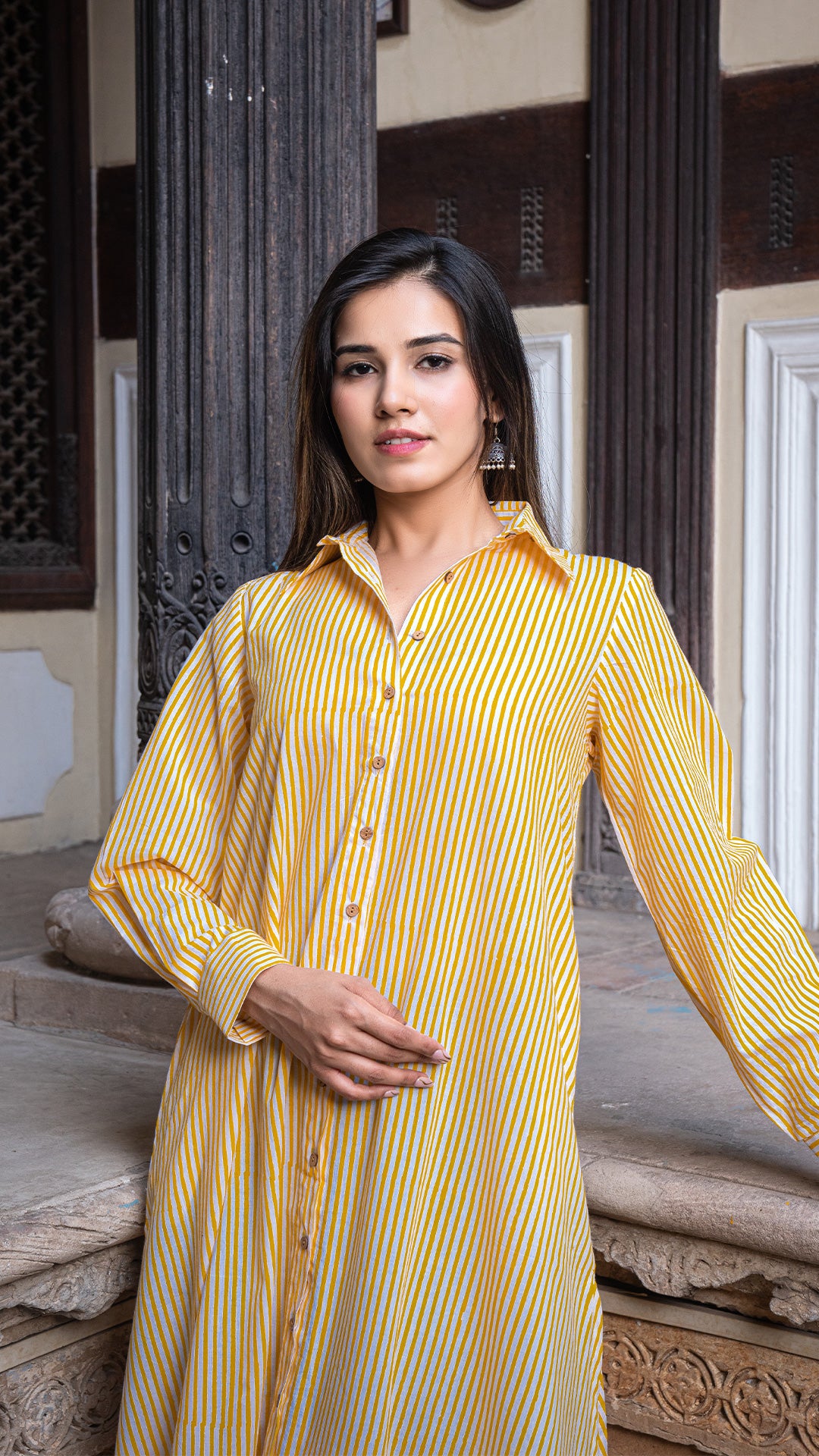 Yellow Stripes Cotton Shirt Dress