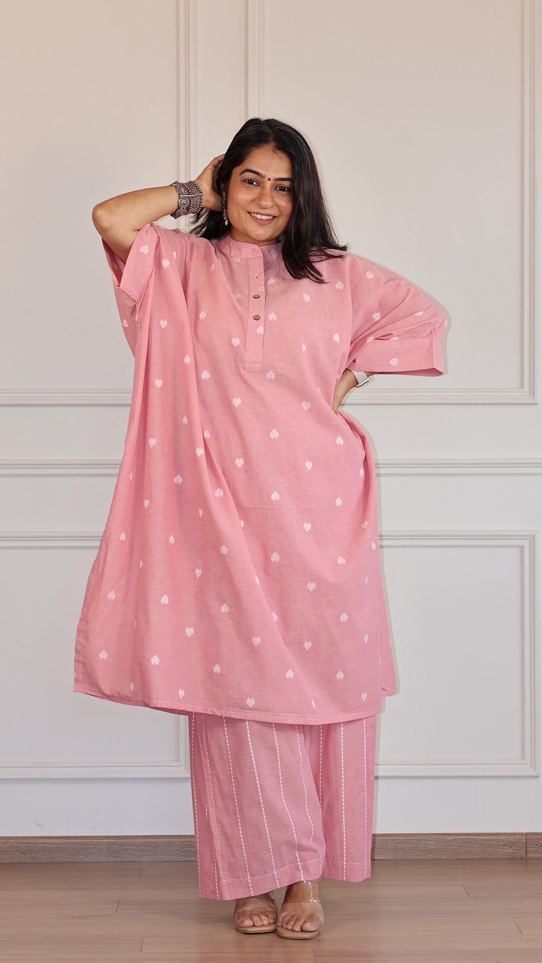 Hearts Handwoven Cotton Kaftan Co-ord - Pink