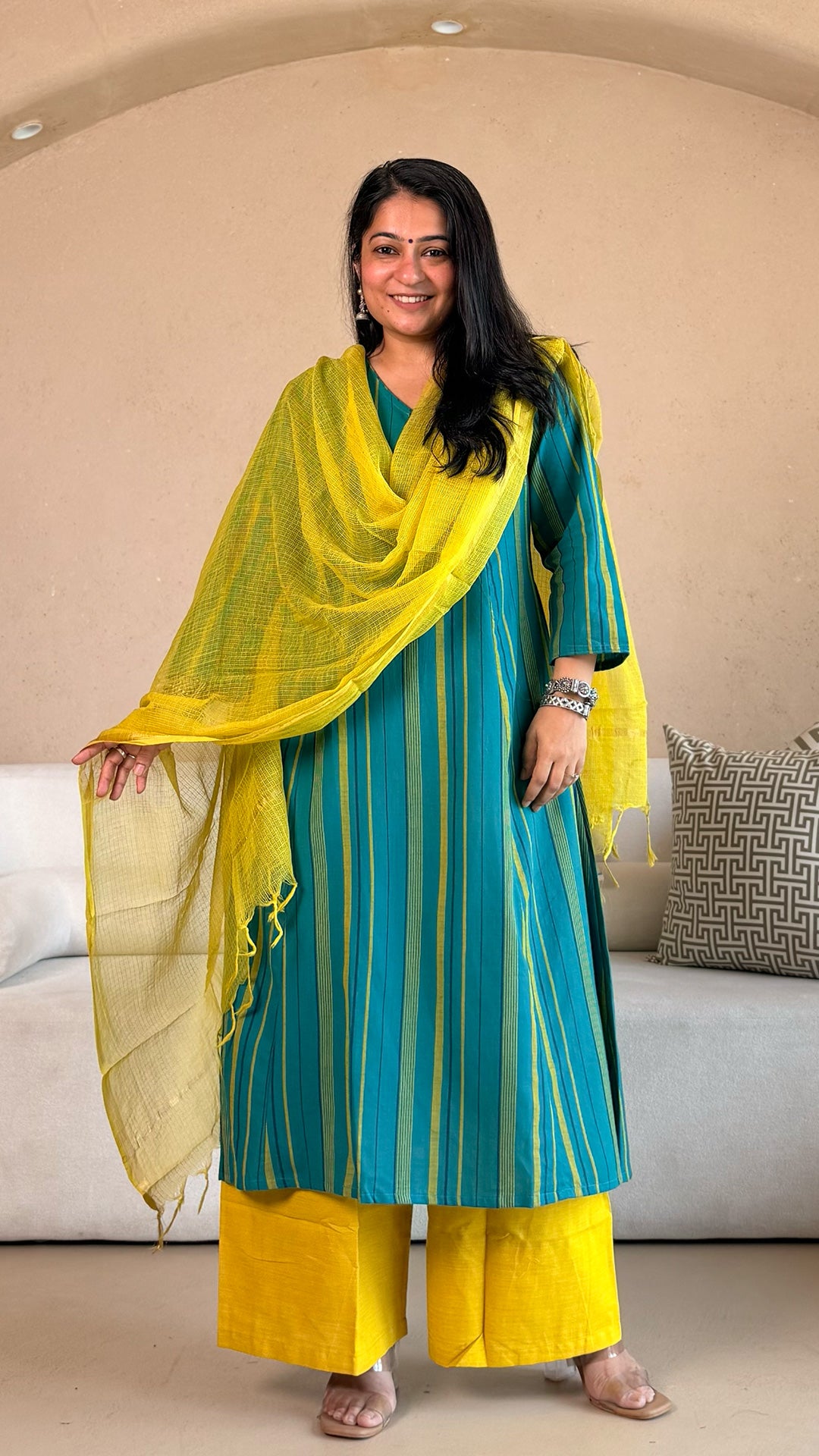 Inaya Handwoven Cotton Kurta- Turquoise/Yellow