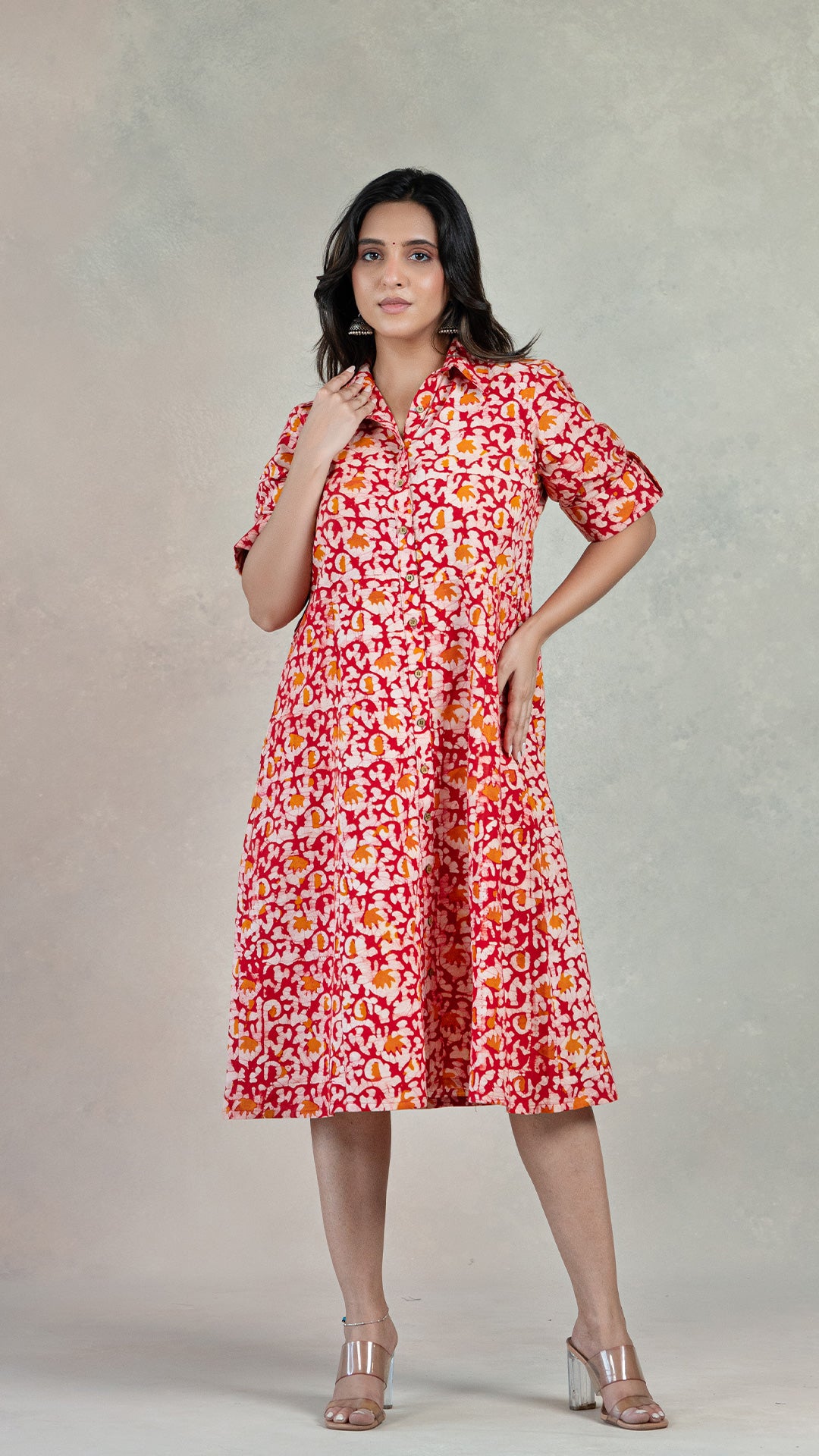 Nosha Batik Hand Block Cotton Shirt Dress : Red