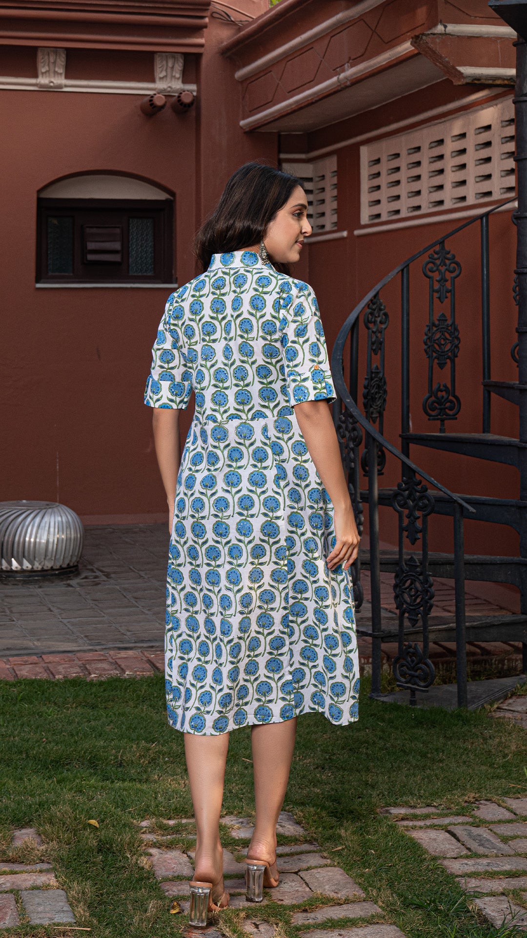 Saba Sanganeri Hand Block Cotton Shirt Dress : White-Blue Motifs