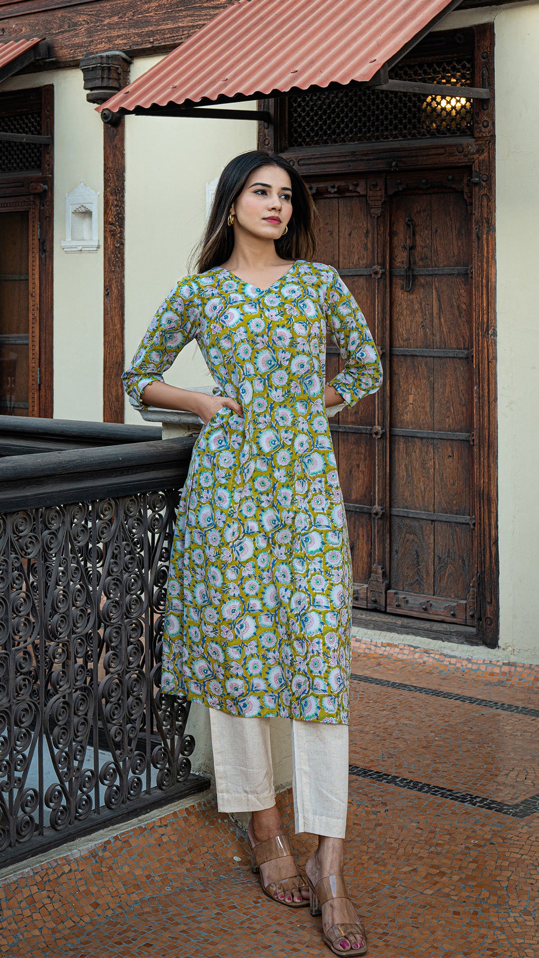 Aastha Sanganeri Hand Block Kurta - Lime