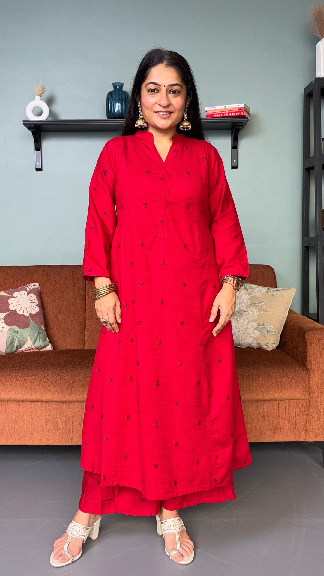 Simran Red Hand Woven Kali Cotton Kurta