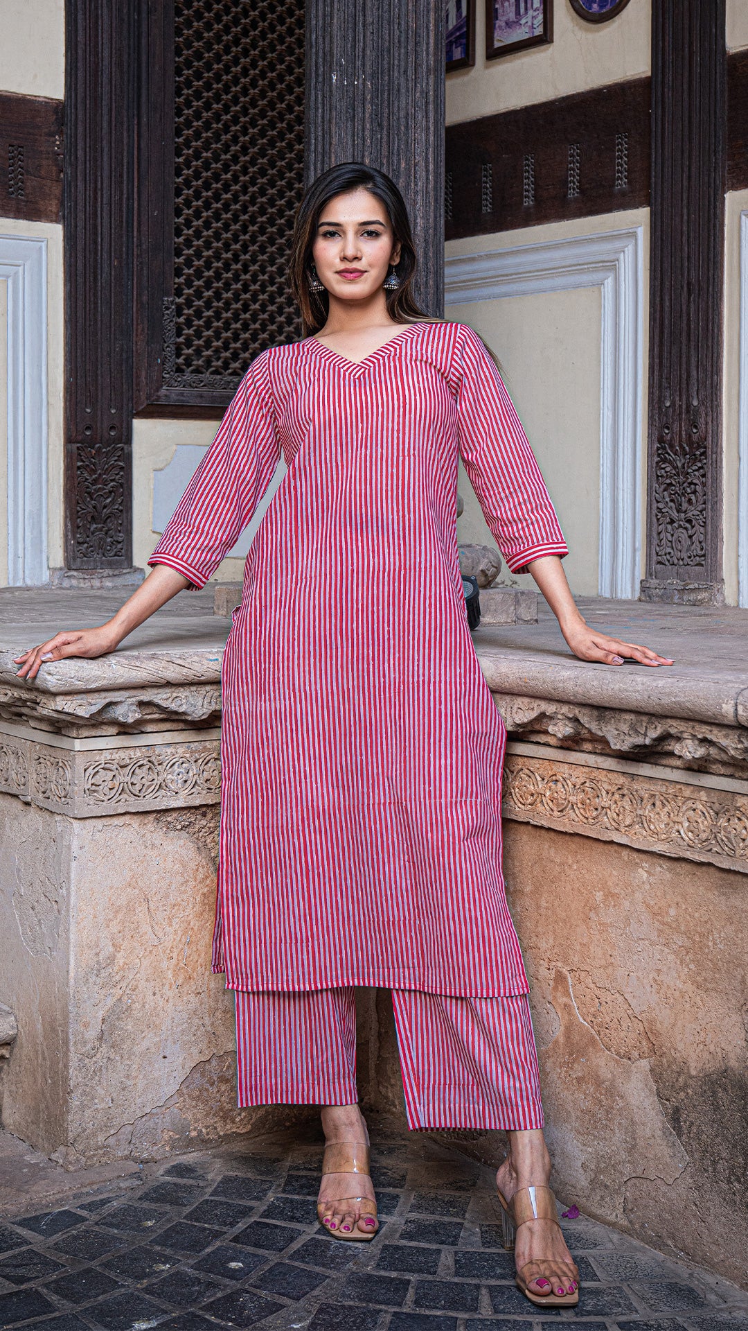 Red Stripes Hand Block Cotton Kurta