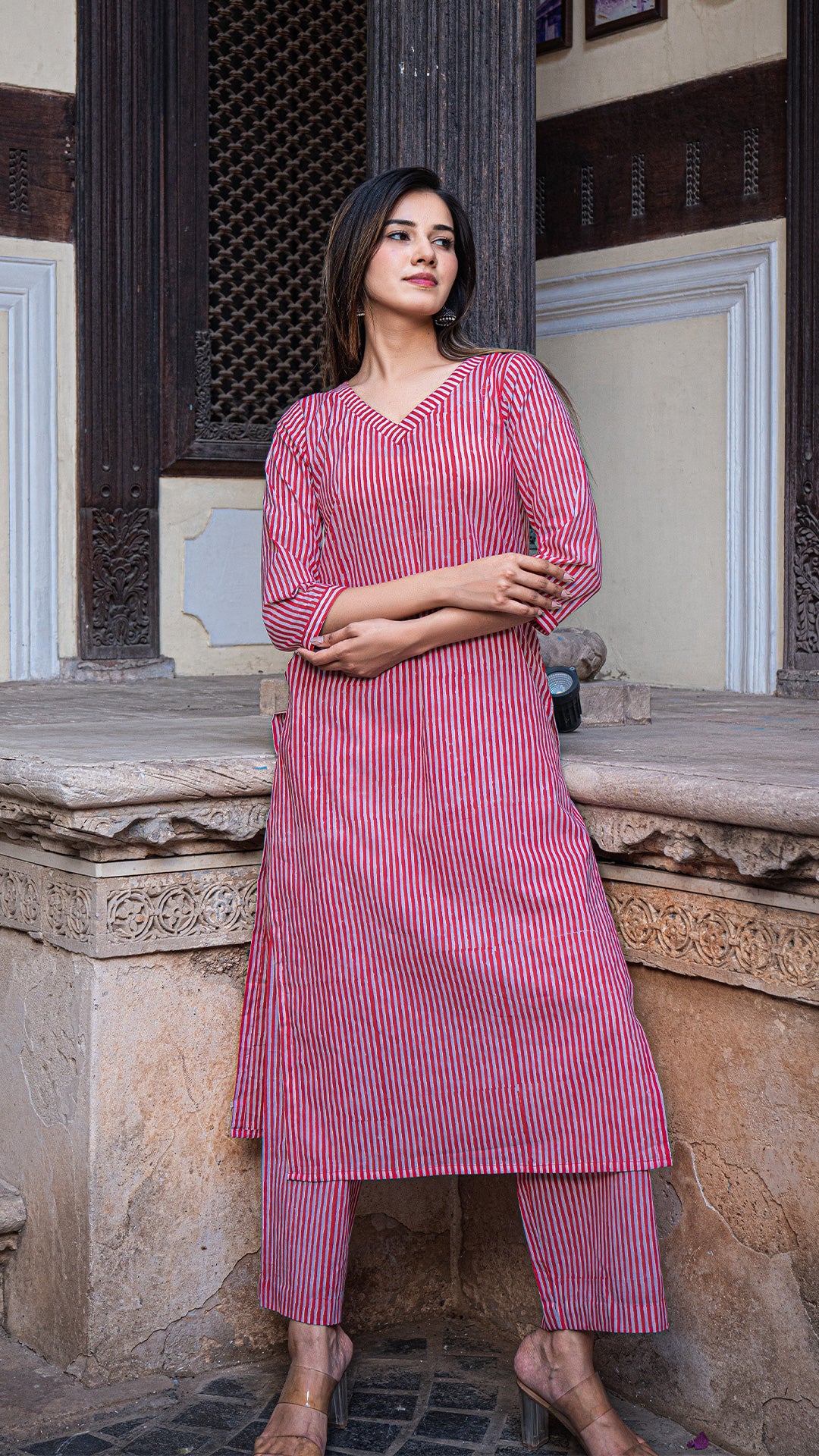 Red Stripes Hand Block Cotton Kurta