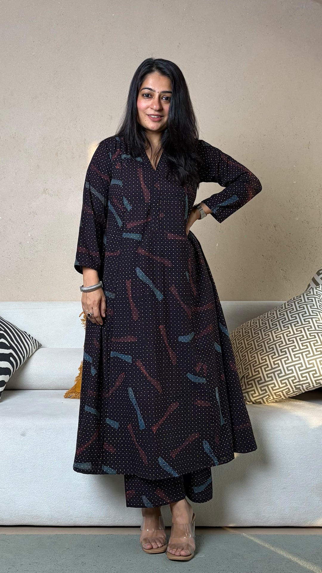 Aaryah Ajrakh Kali Kurta In Cotton - Black