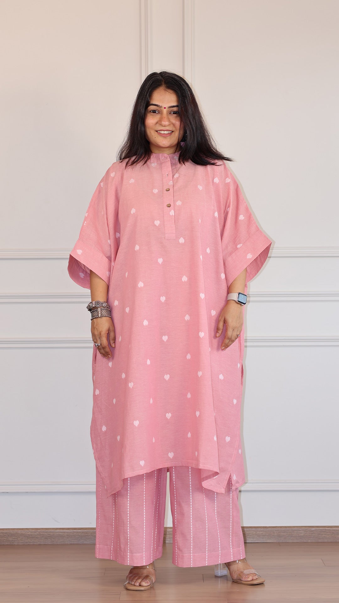 Hearts Handwoven Cotton Kaftan Co-ord - Pink