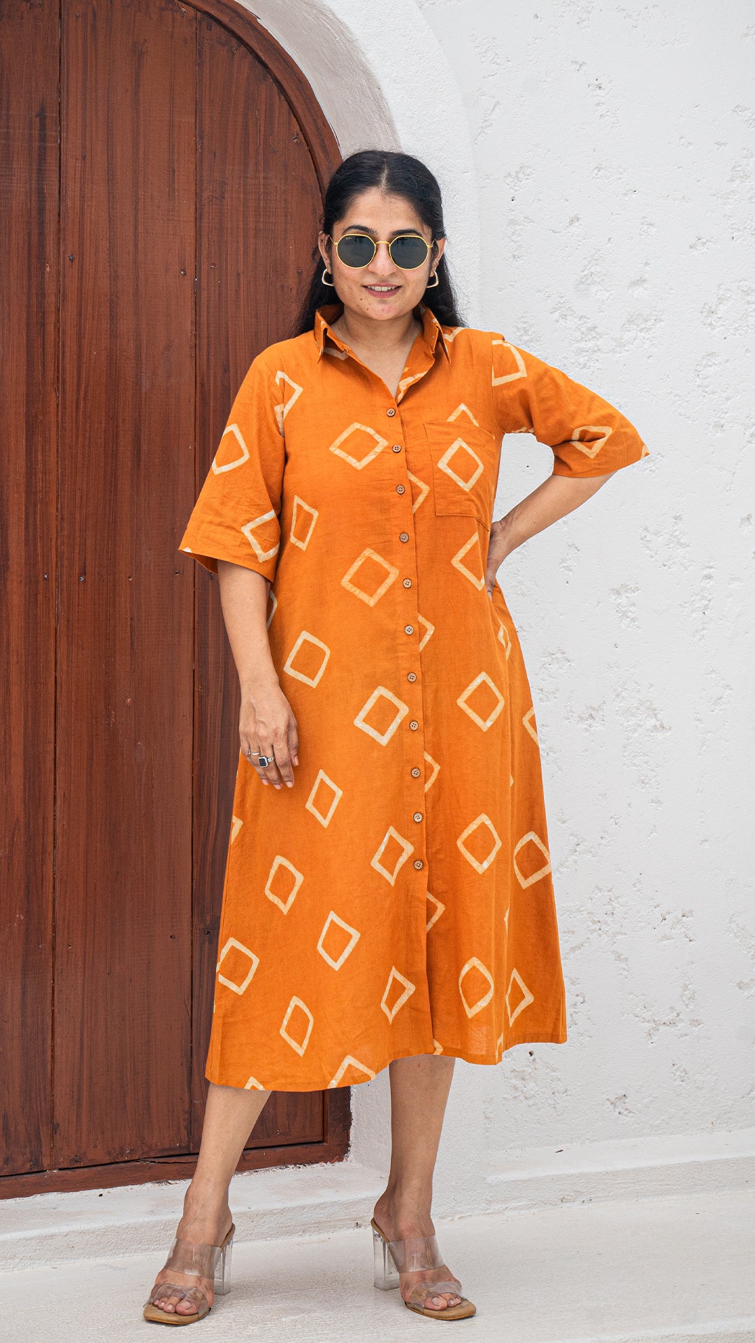 Kritika Dabu Hand Block Cotton Shirt Dress - Rust