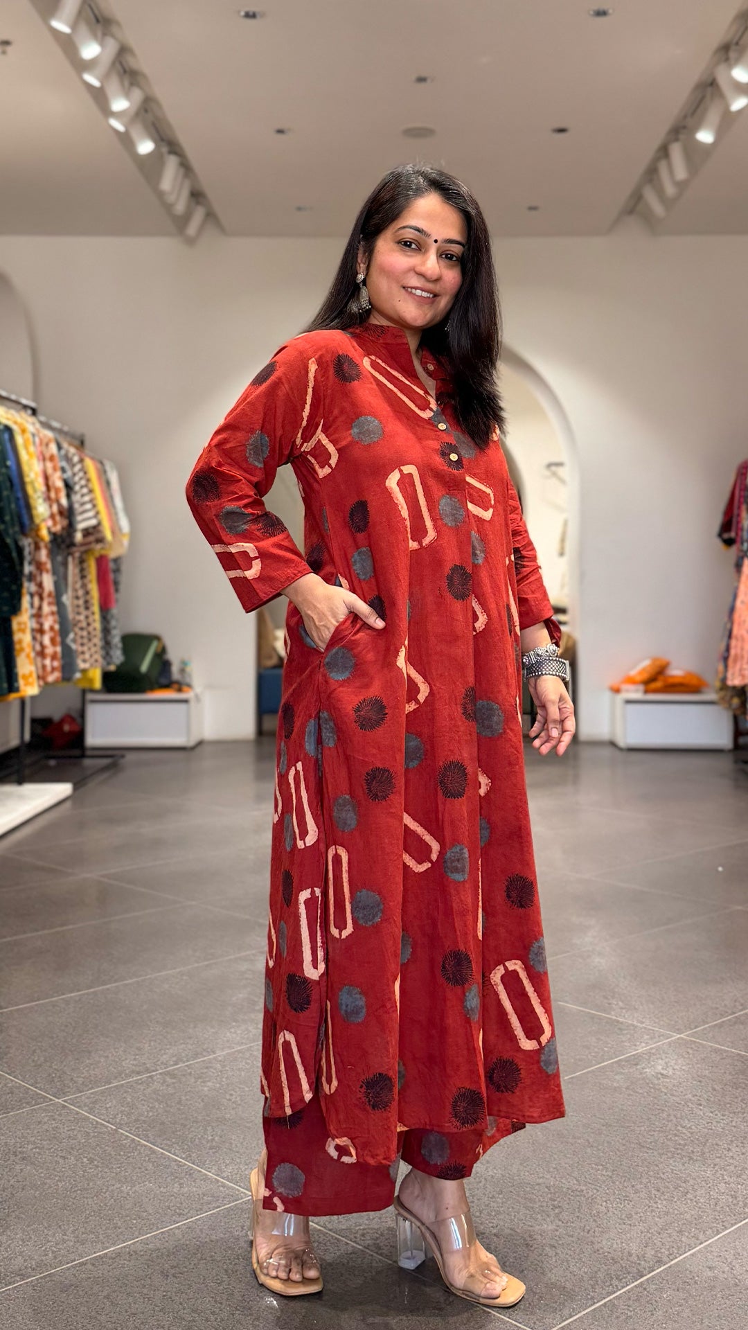 Antara Ajrakh Handblock Kurta In Cotton - Red