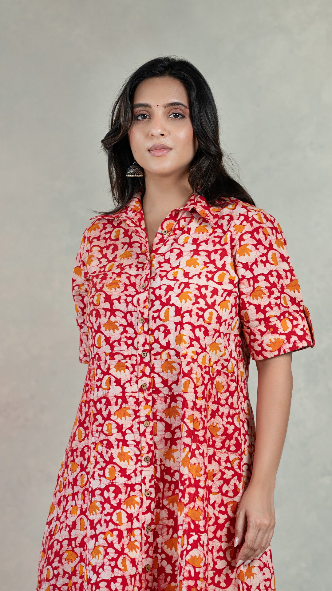 Nosha Batik Hand Block Cotton Shirt Dress : Red