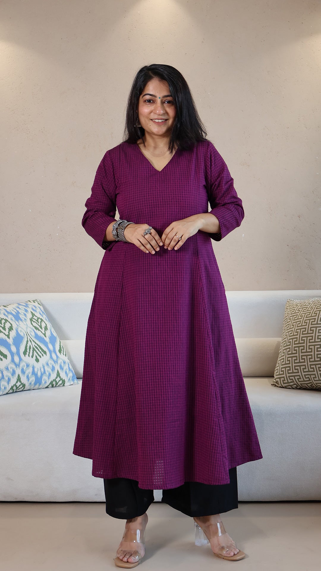 Purple Checkered Handwoven Cotton Kurta
