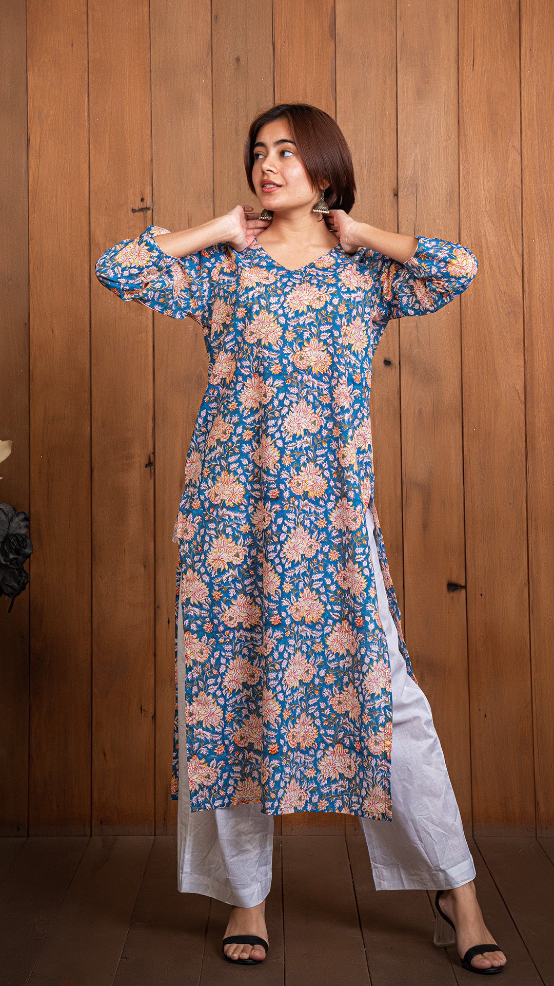 Blue Floral Jaal Sanganeri Hand Block Kurta