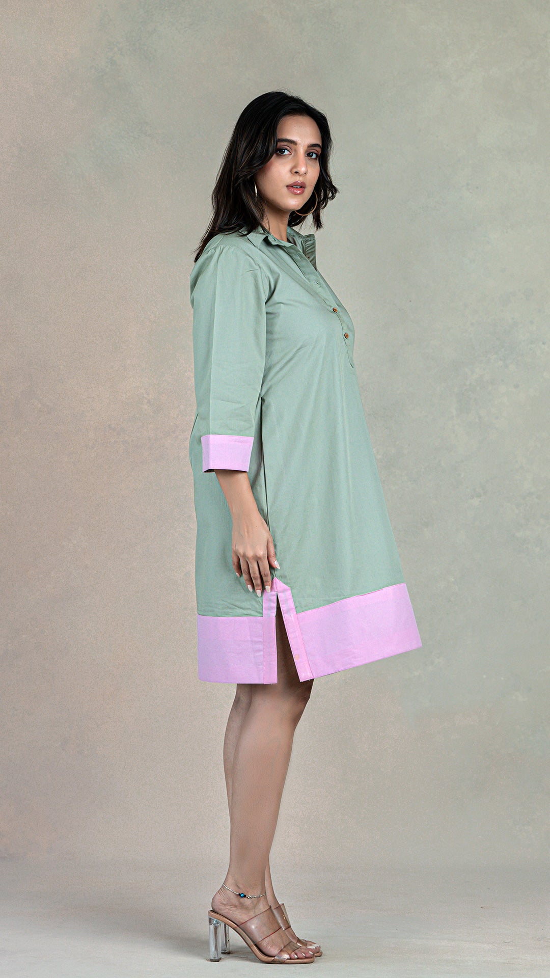 Sage Green Short Dress In Organic Cotton