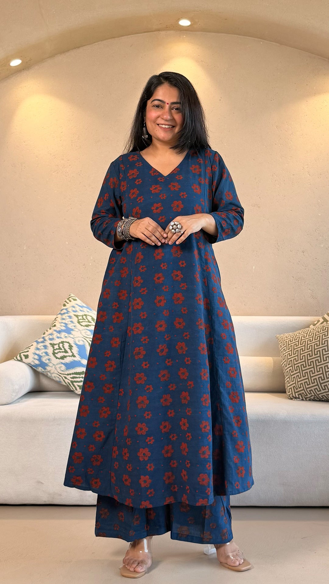 Nosheen Ajrakh Cotton Hand Block Kurta Set- Indigo/Red