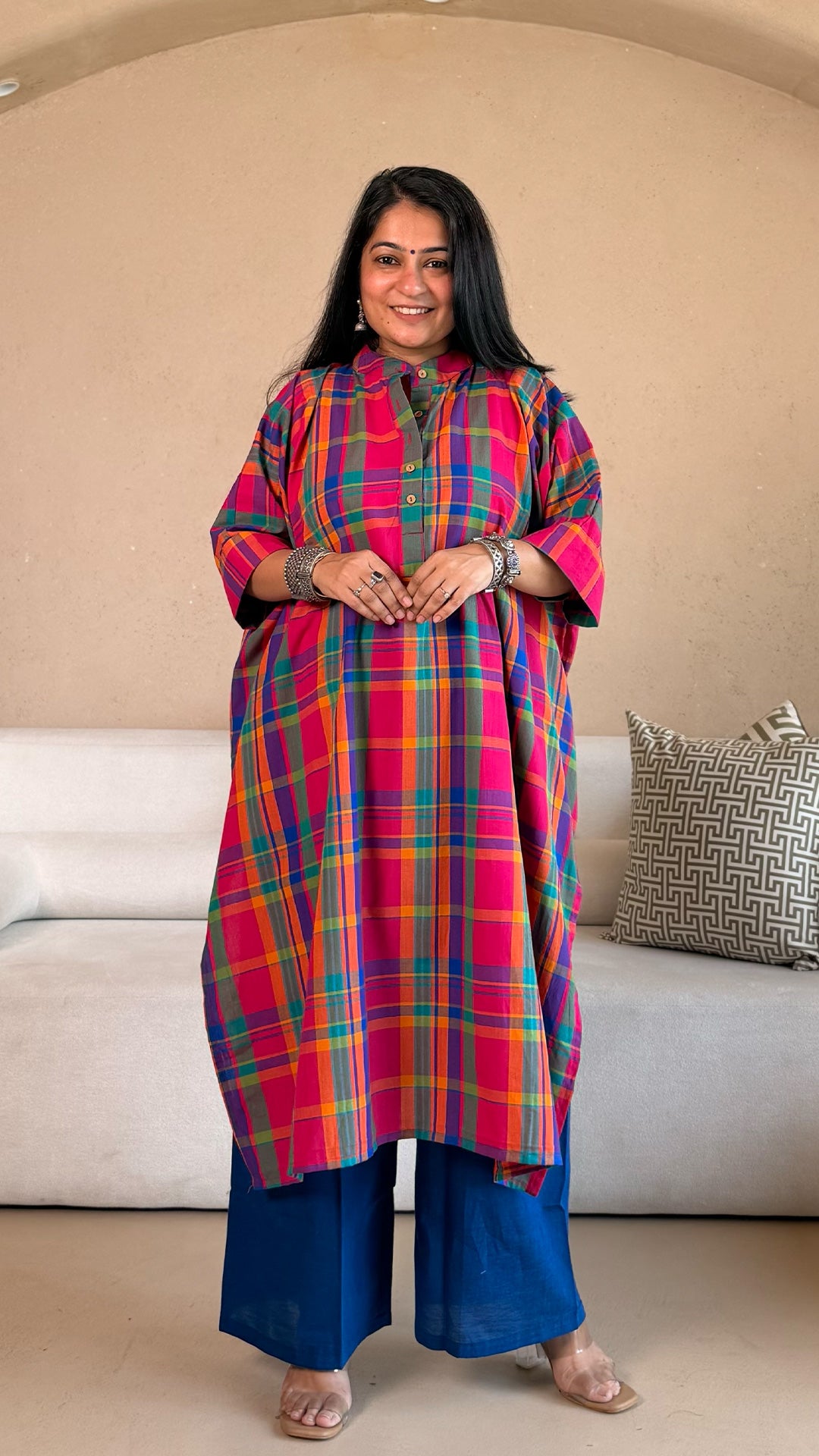 Rangoli Checkered Kaftan Co-ord In Handwoven Cotton - MultiColour