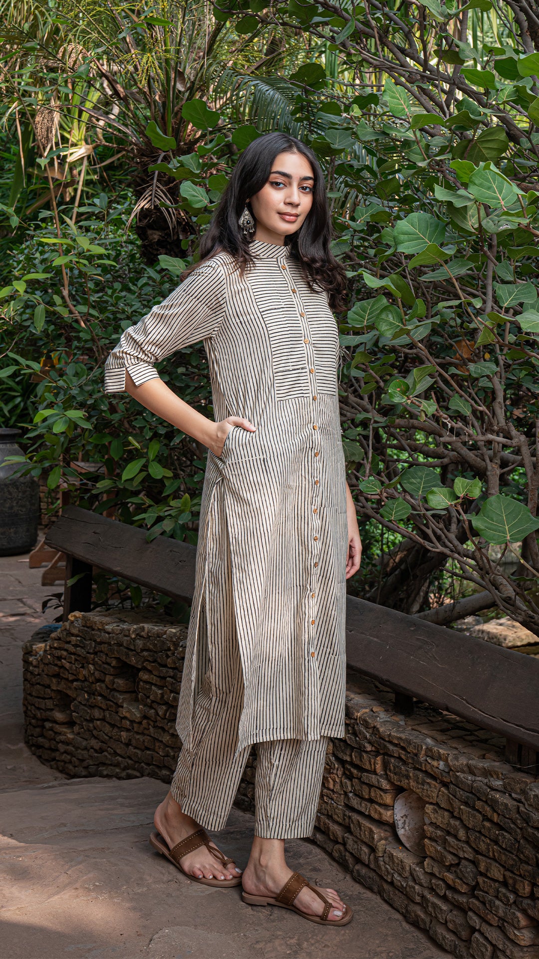 Fareen Bagru Cotton Kurta - Black & White Stripes