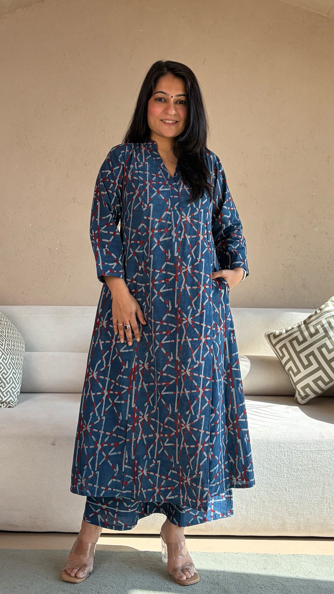 Barkha Ajrakh Kali Kurta In Cotton - Indigo