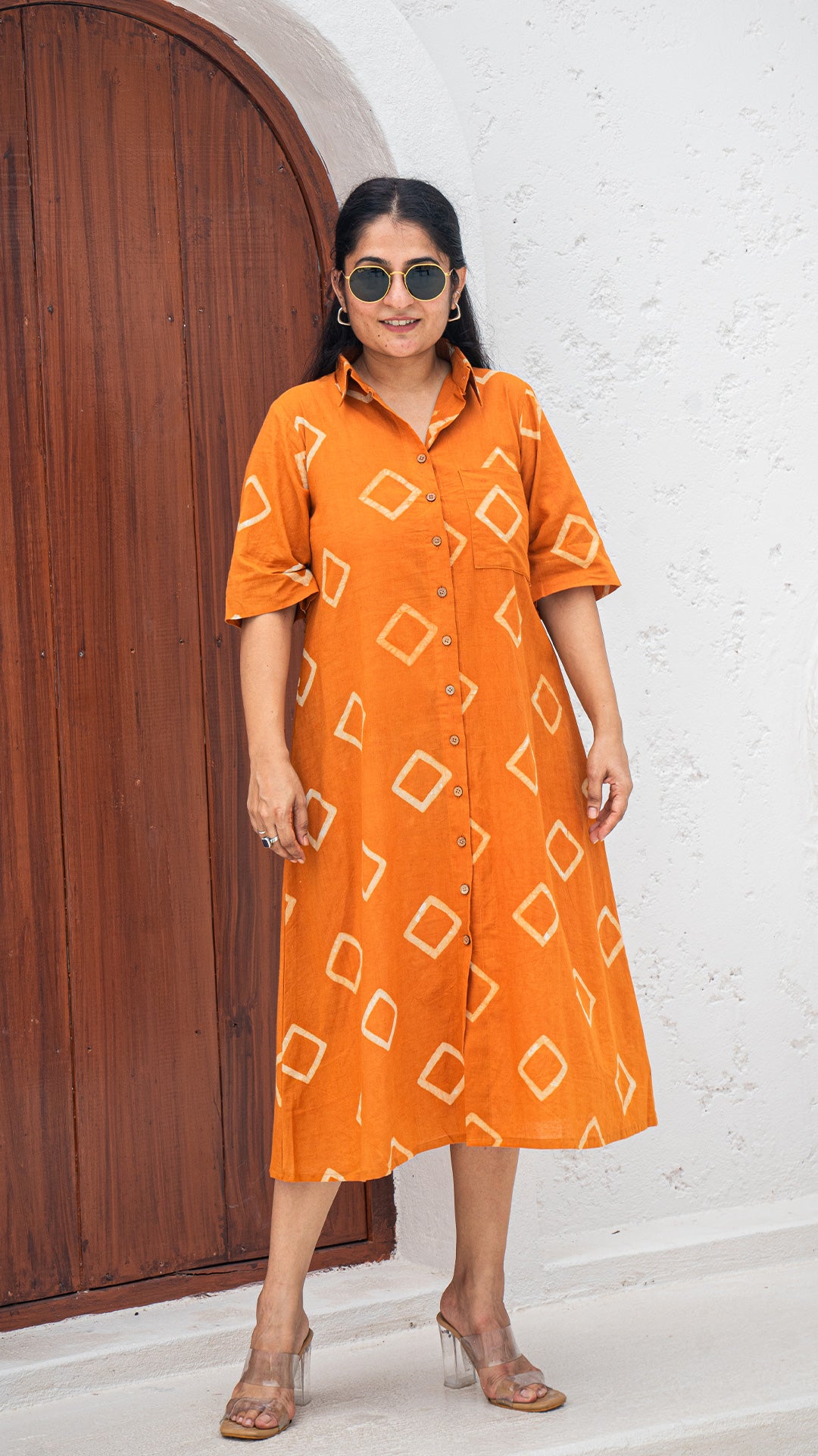 Kritika Dabu Hand Block Cotton Shirt Dress - Rust