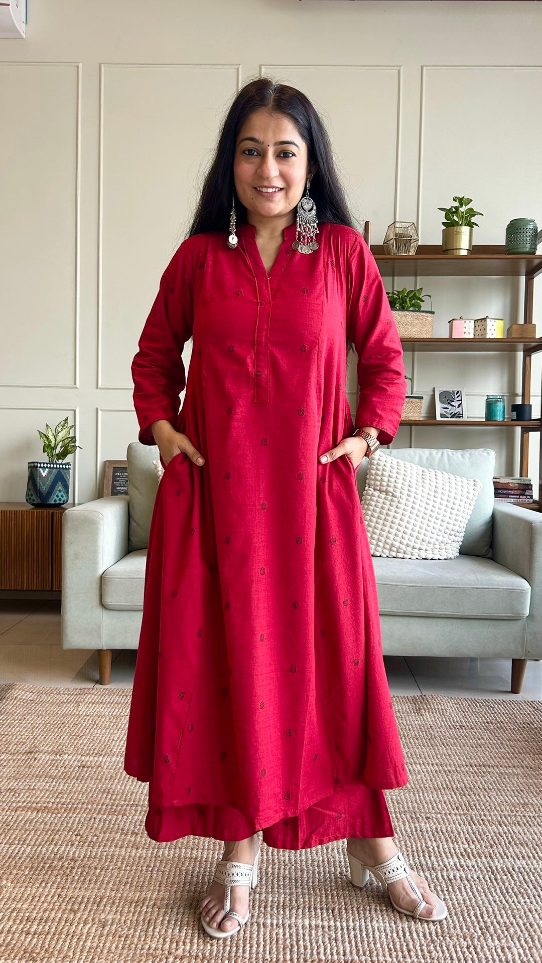 Simran Red Hand Woven Kali Cotton Kurta