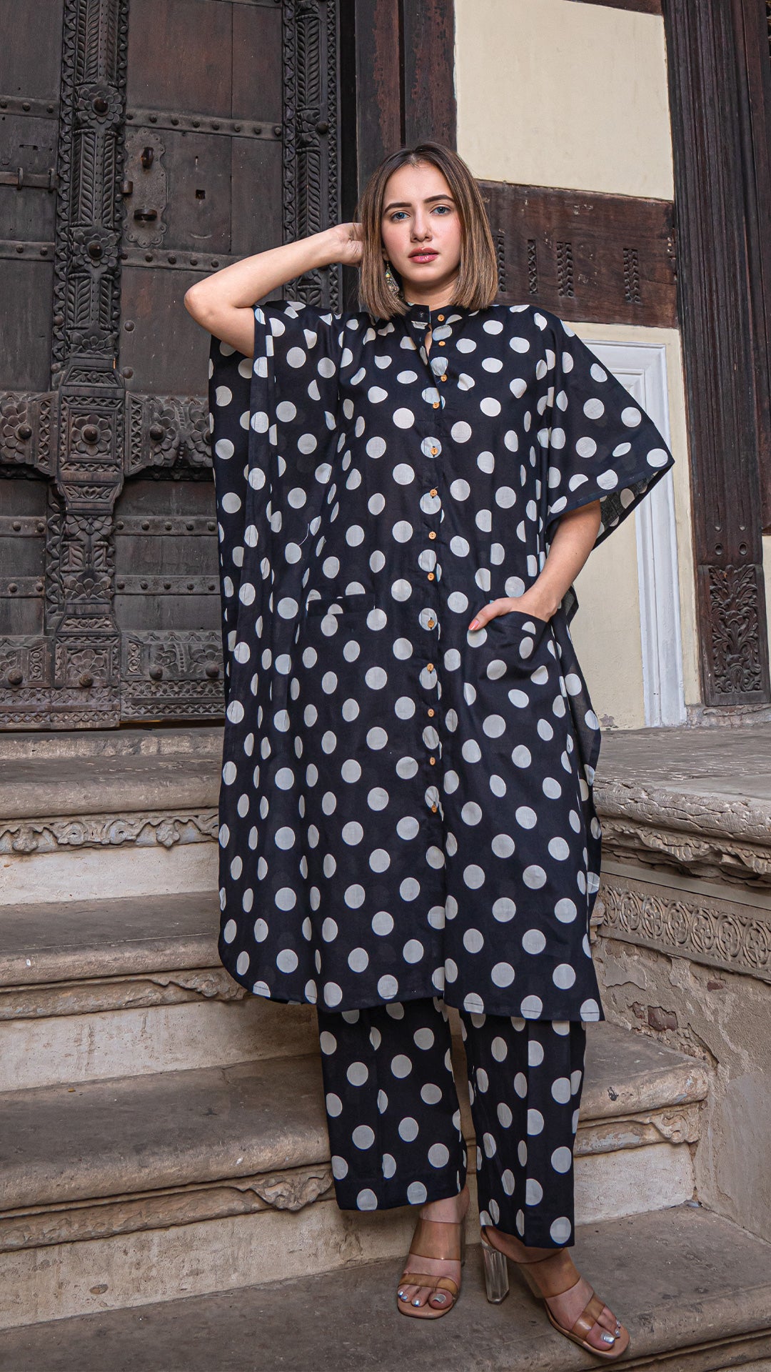 Black Polka Dots Kaftan Co-ord Set In Cotton