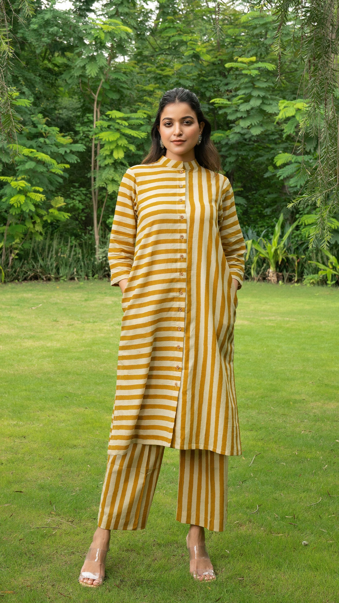 Mustard Stripes Hand Block Cotton Kurta