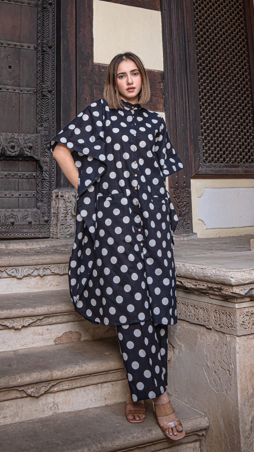 Black Polka Dots Kaftan Co-ord Set In Cotton