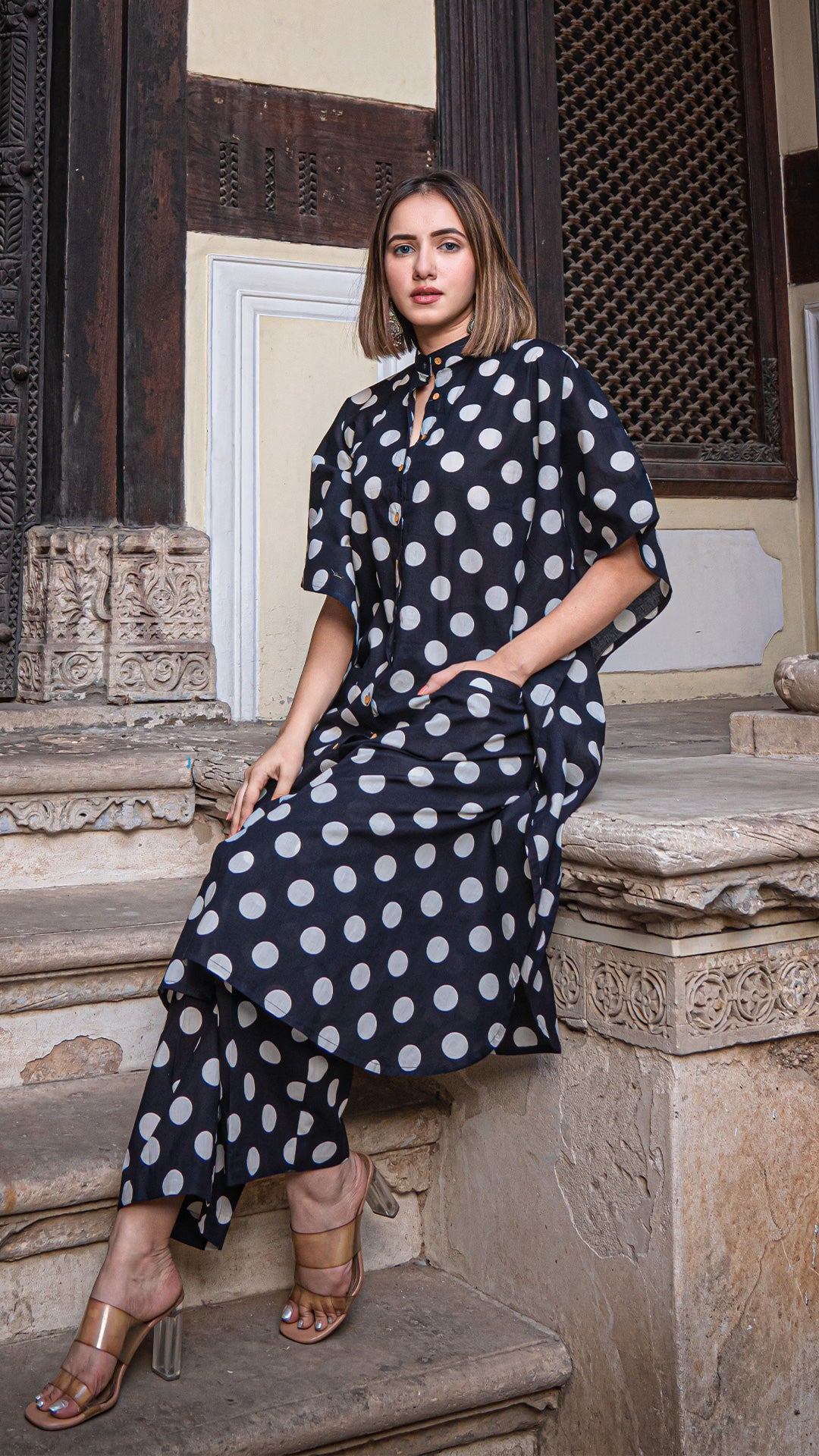 Black Polka Dots Kaftan Co-ord Set In Cotton