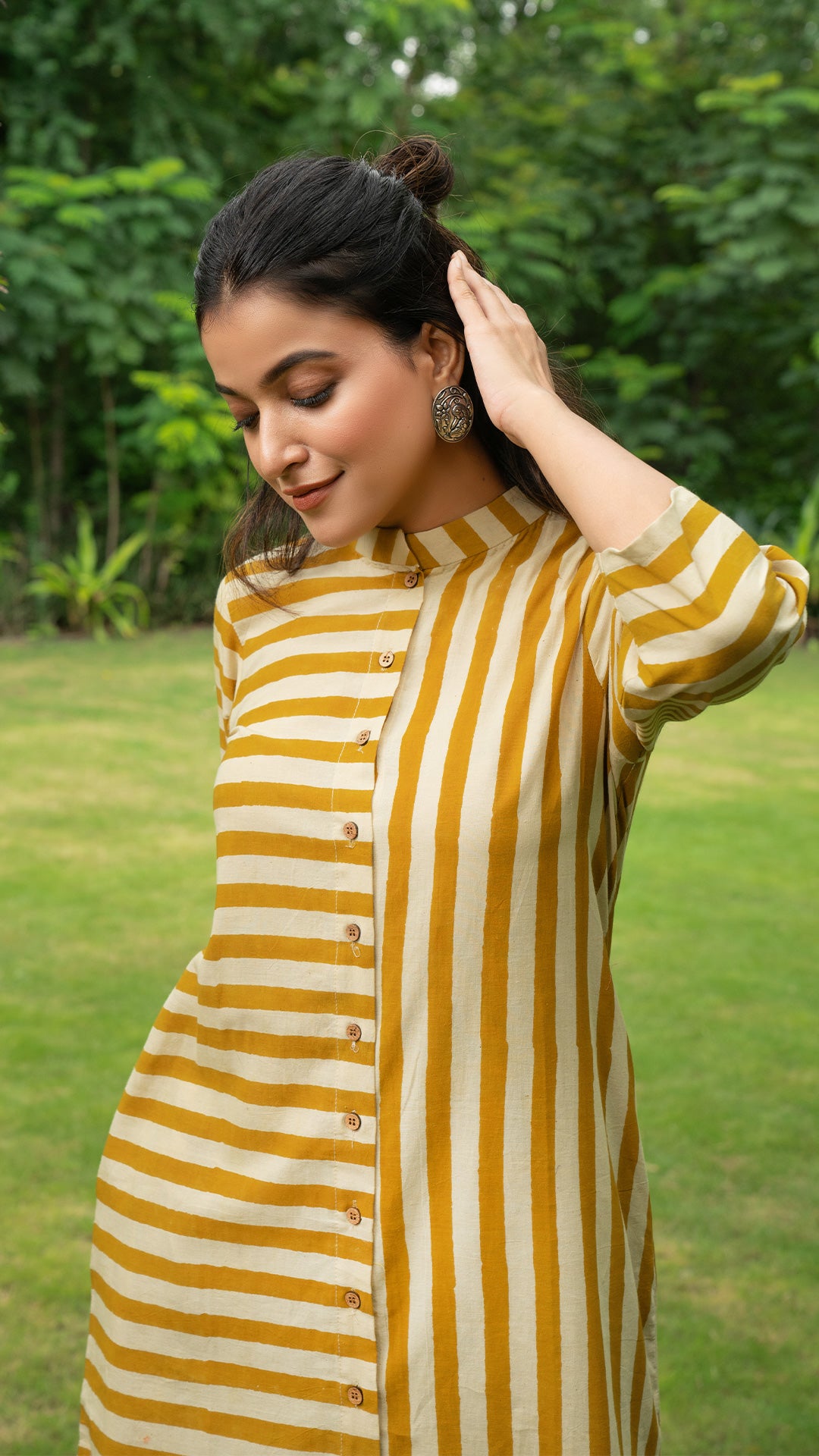 Mustard Stripes Hand Block Cotton Kurta