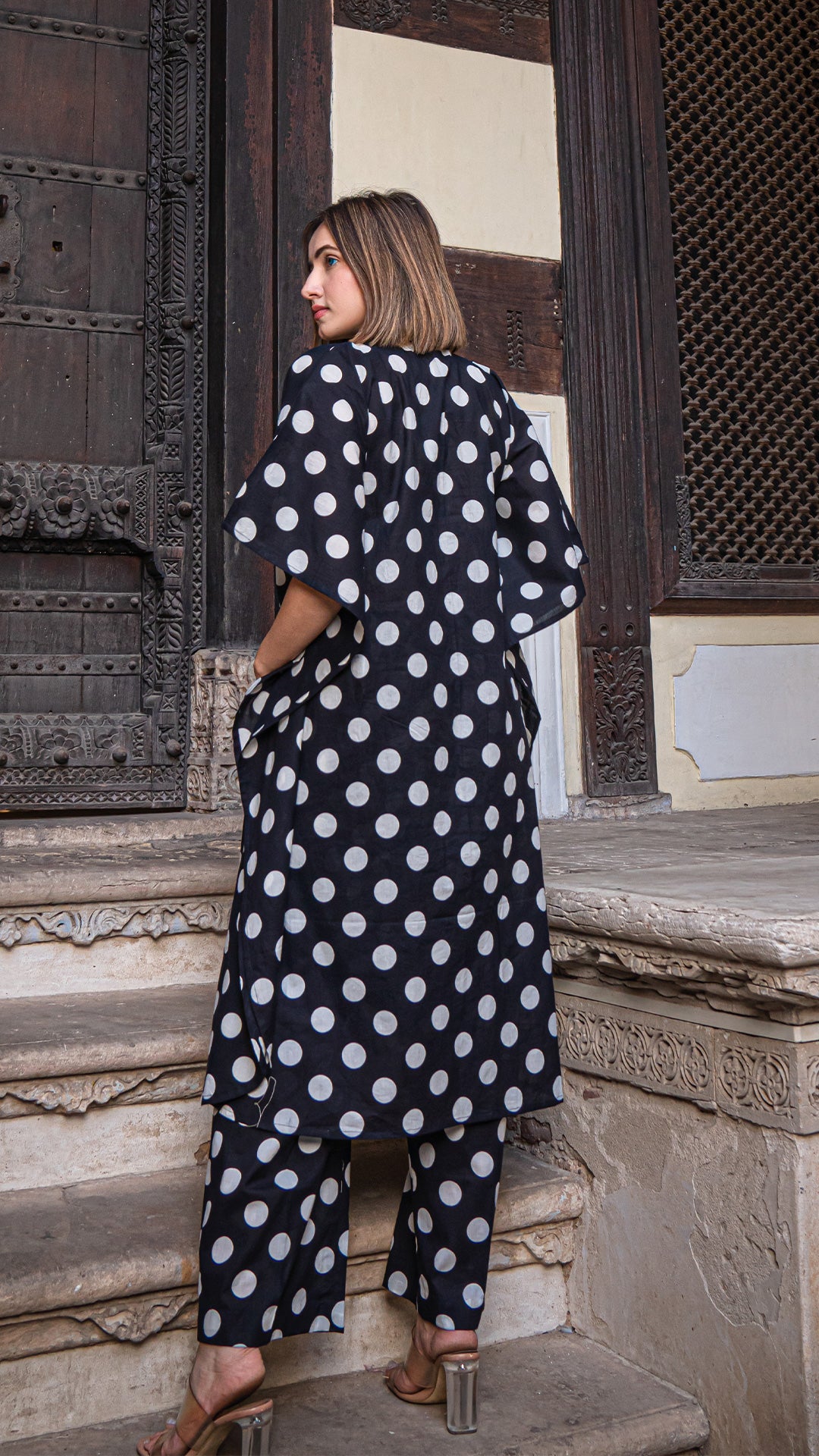 Black Polka Dots Kaftan Co-ord Set In Cotton