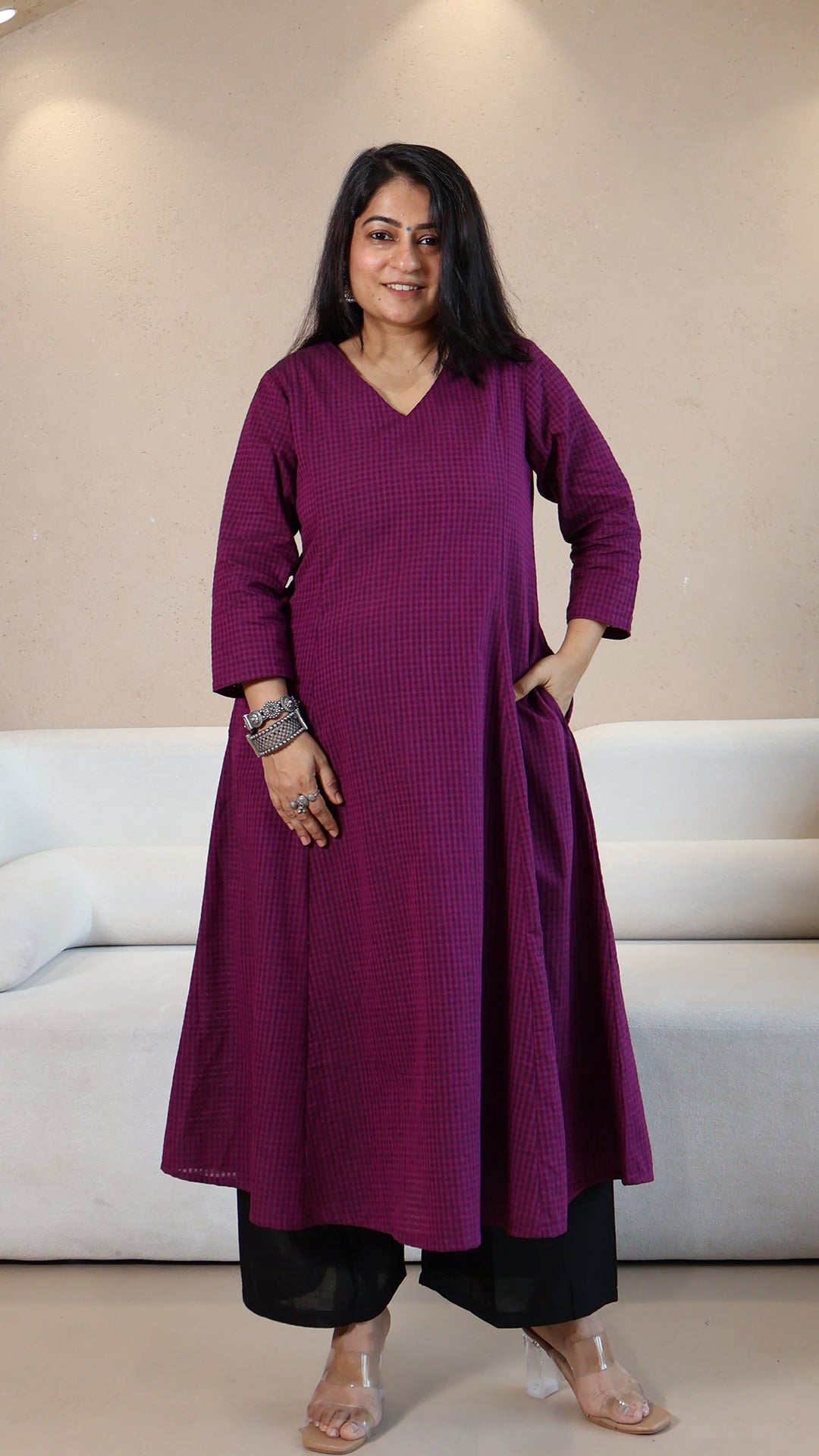 Purple Checkered Handwoven Cotton Kurta
