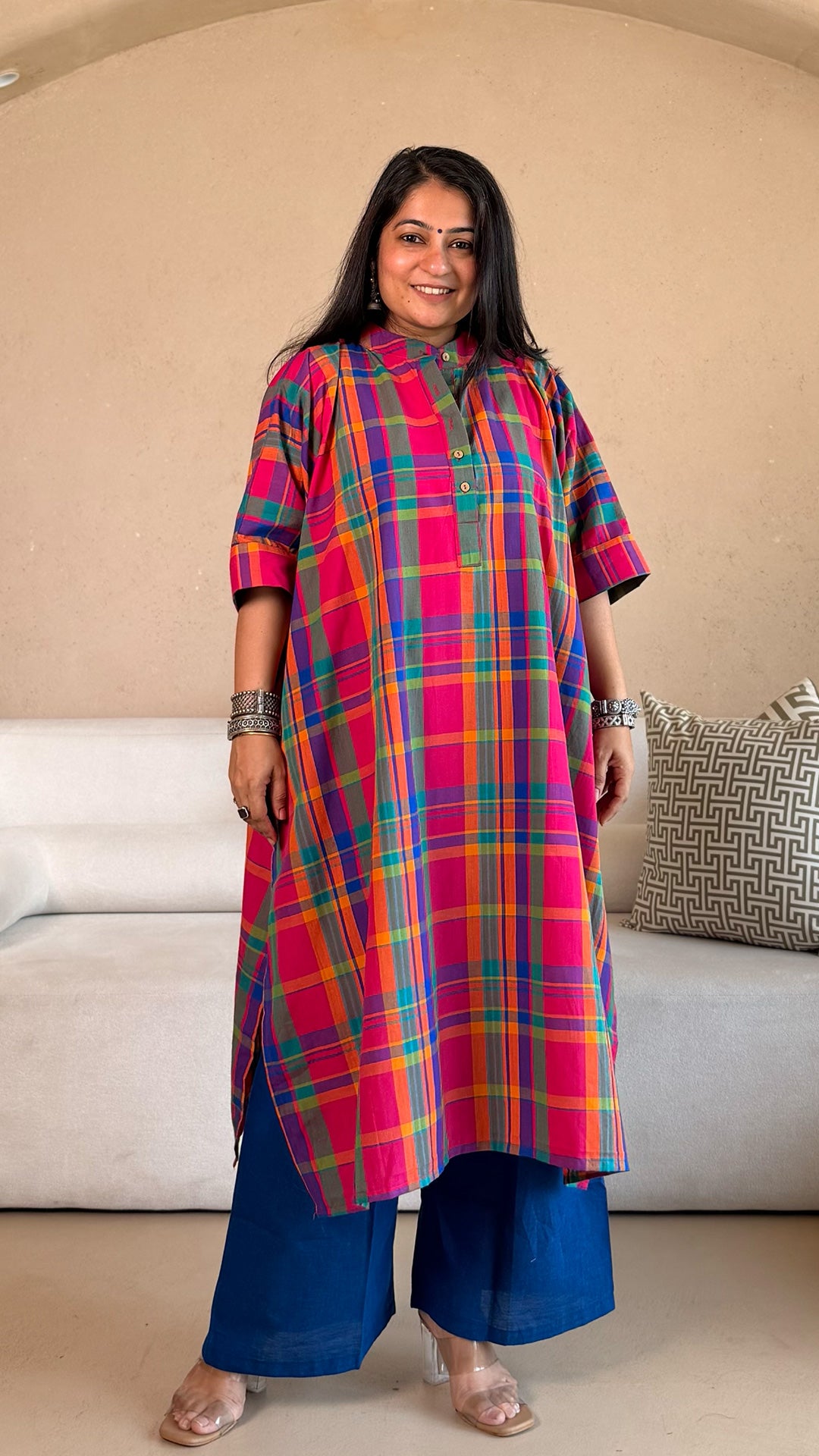 Rangoli Checkered Kaftan Co-ord In Handwoven Cotton - MultiColour