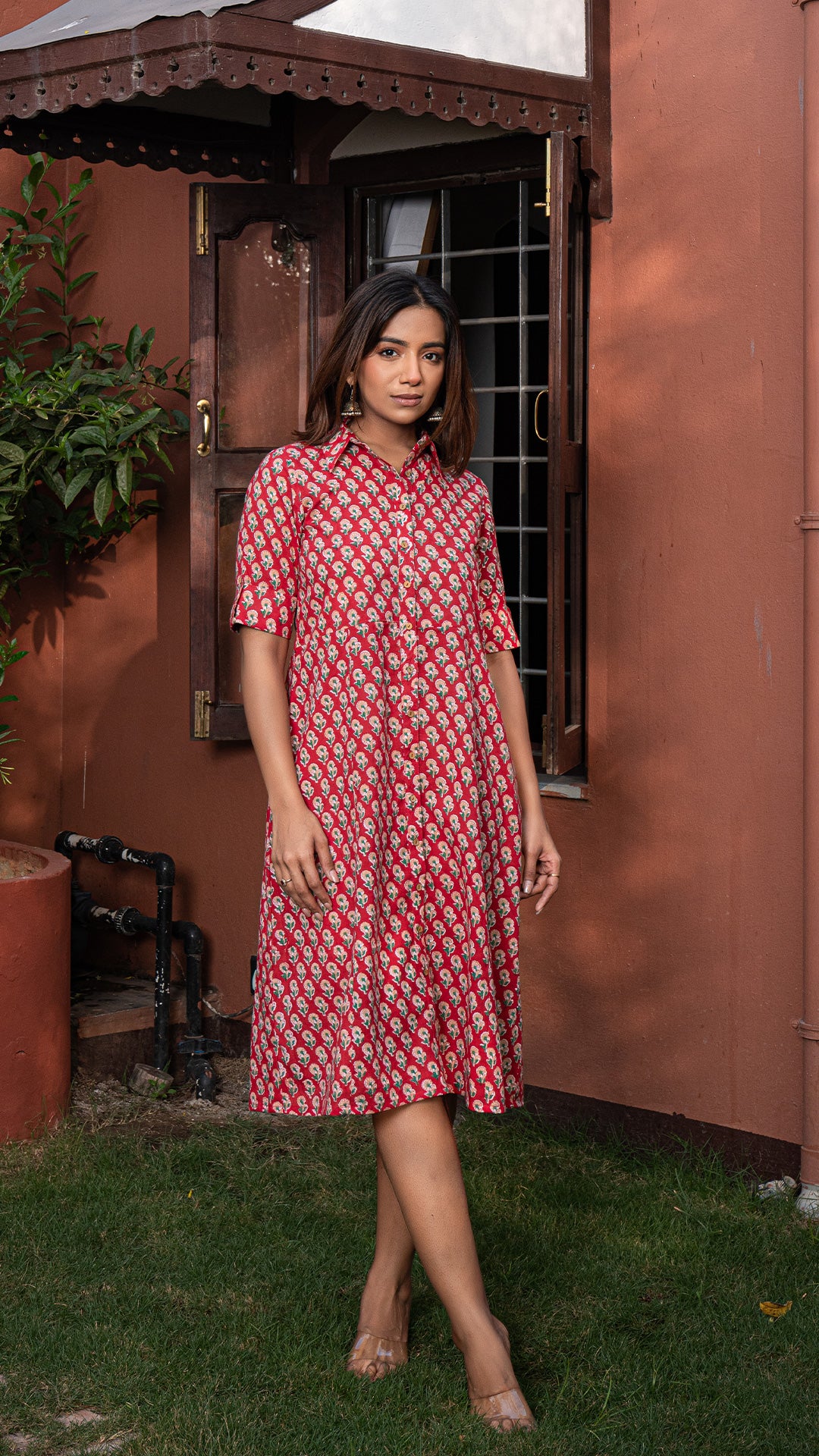 Mehwish Sanganeri Hand Block Cotton Shirt Dress : Red