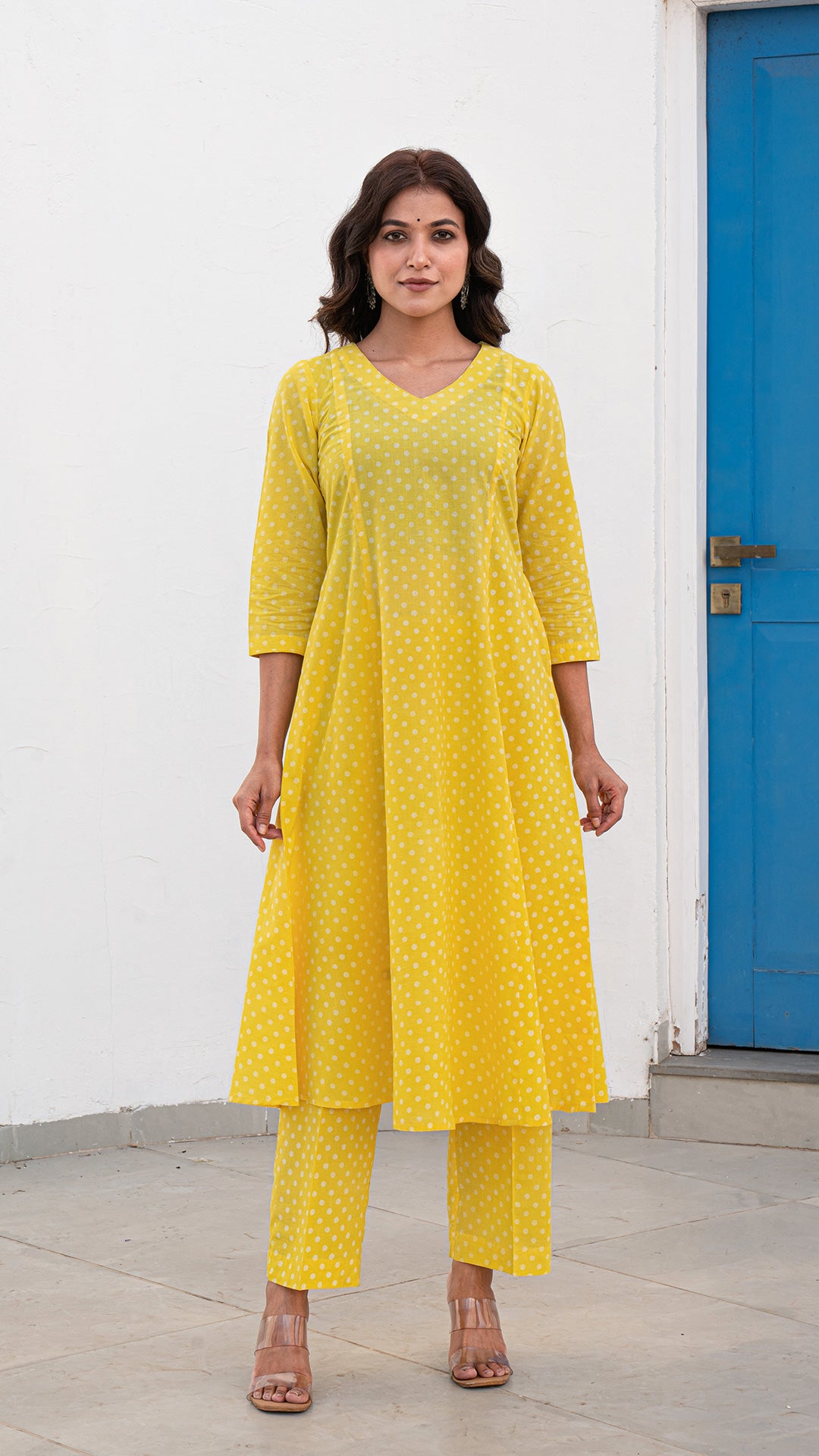 Yellow Dabu Polka Dots Kali Kurta In Cotton