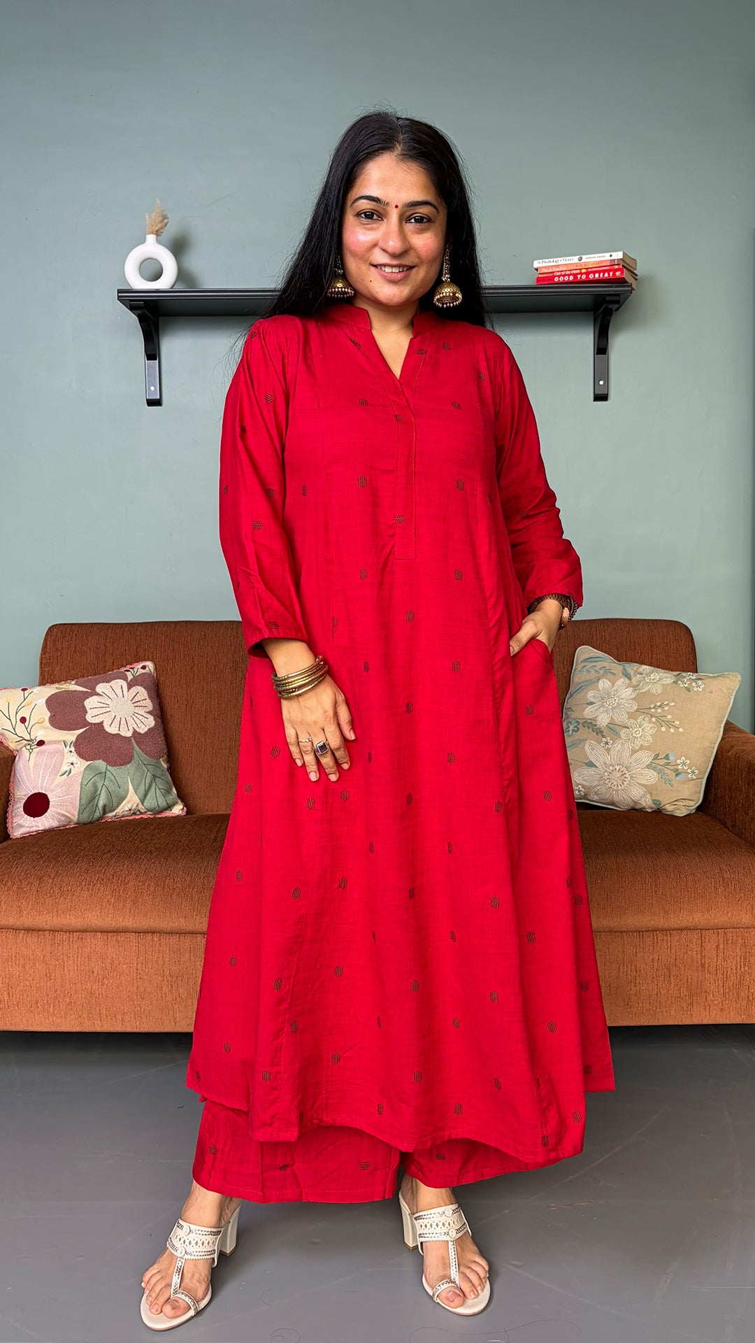 Simran Red Hand Woven Kali Cotton Kurta