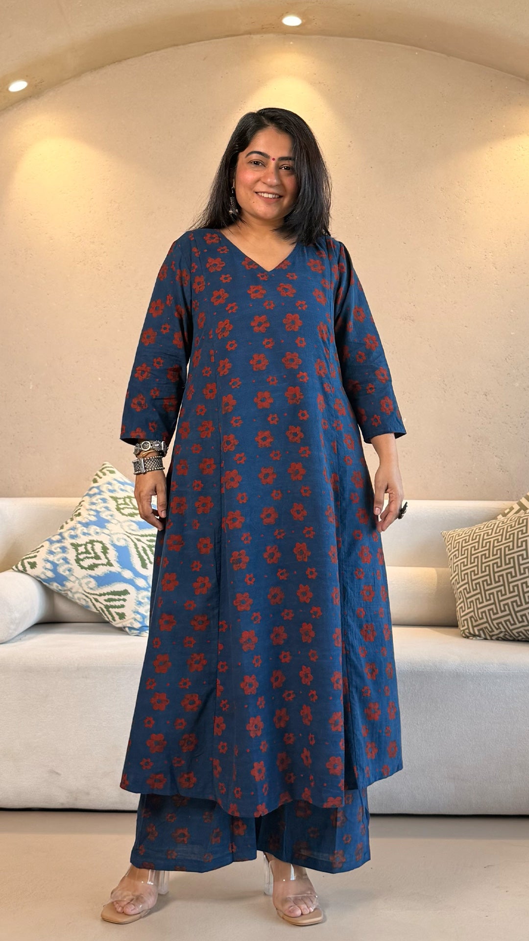 Nosheen Ajrakh Cotton Hand Block Kurta Set- Indigo/Red